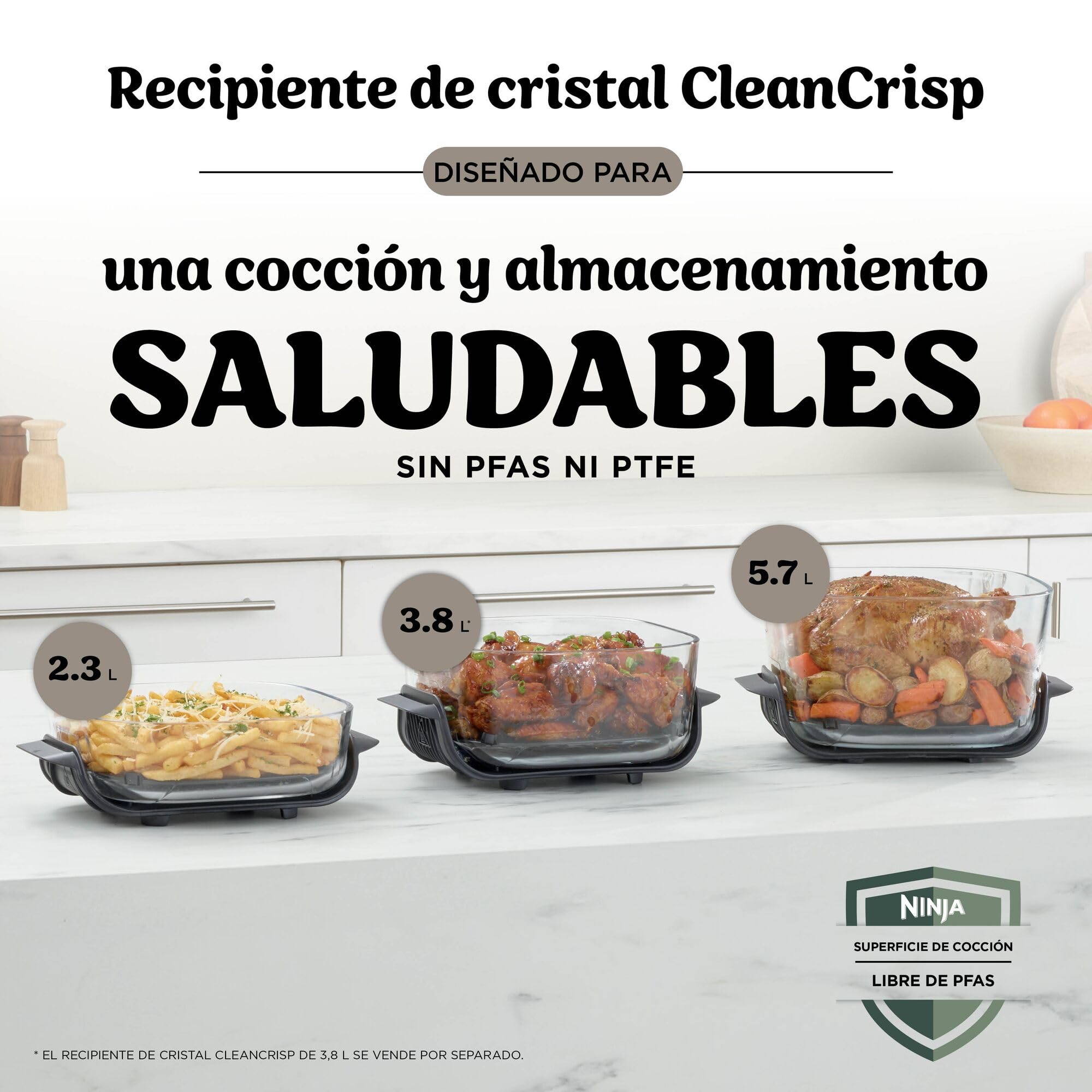 Ninja CRISPi PRO XL Freidora de aire, 5 funciones de cocción predefinidas, recipientes de cocción de cristal CleanCrisp de 5,7 y 2,3 l y tapas para almacenamiento, Dorado piedra AS090EUSD