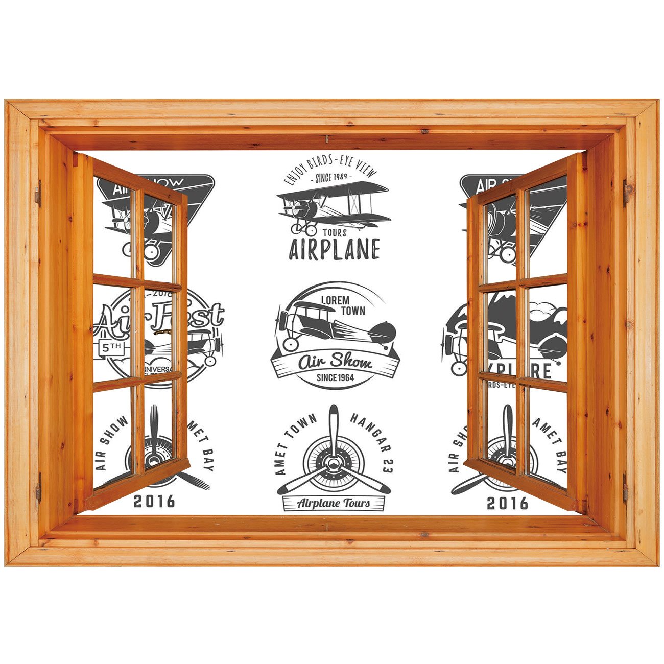 3D Depth Illusion Vinyl Wall Decal Sticker [ Airplane Decor,Airplane Emblems Labels Badges Design Elements Aviation Stamps Logotype Propeller Decorative, ] Window Frame Style Home Decor Art Removable