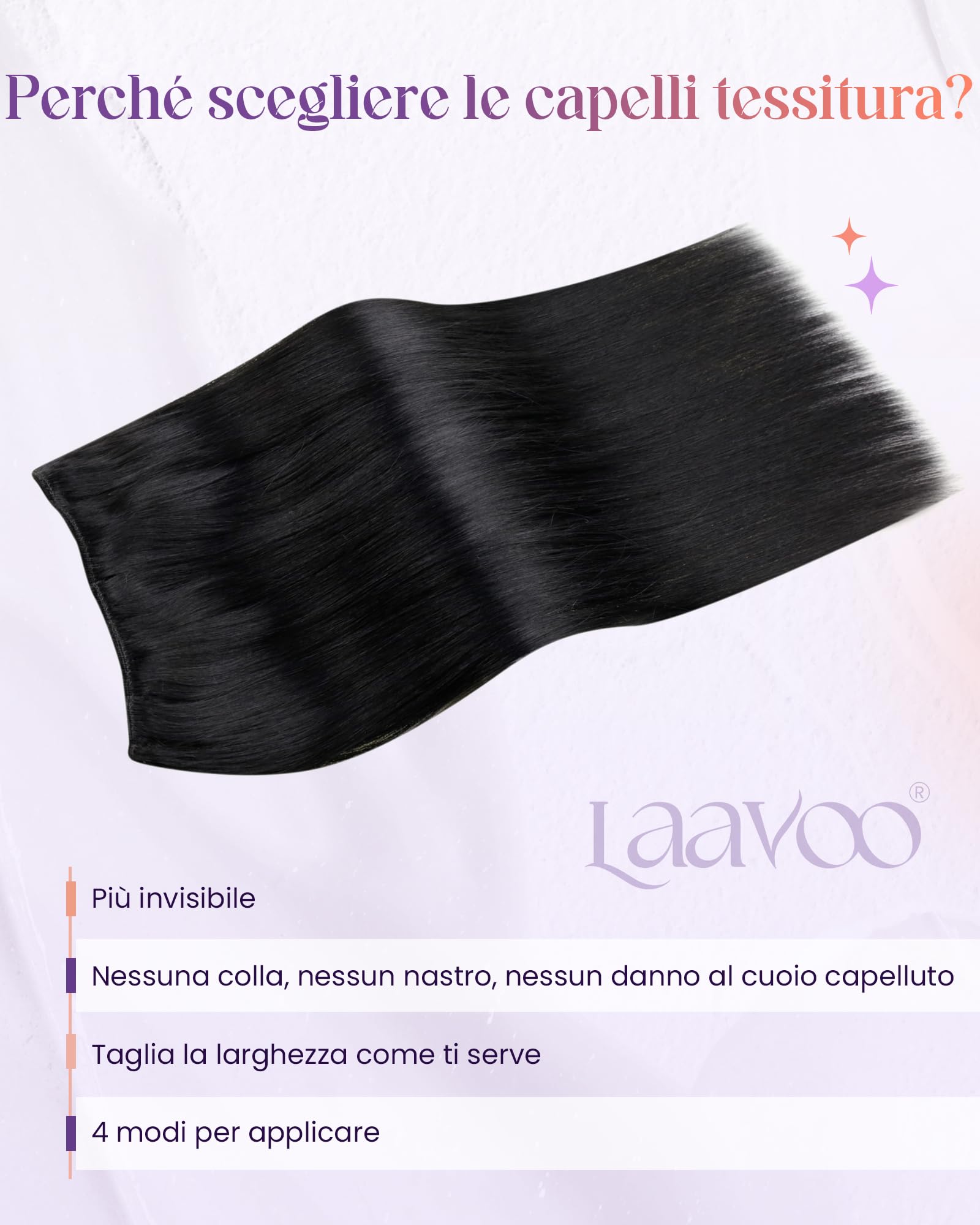 LaaVoo Extension Capelli Veri Tessitura Nero Jet 50cm 100g, Matassa Lucente Remy, Nero Intenso e Brillante, per un Look alla Moda #1 - 3
