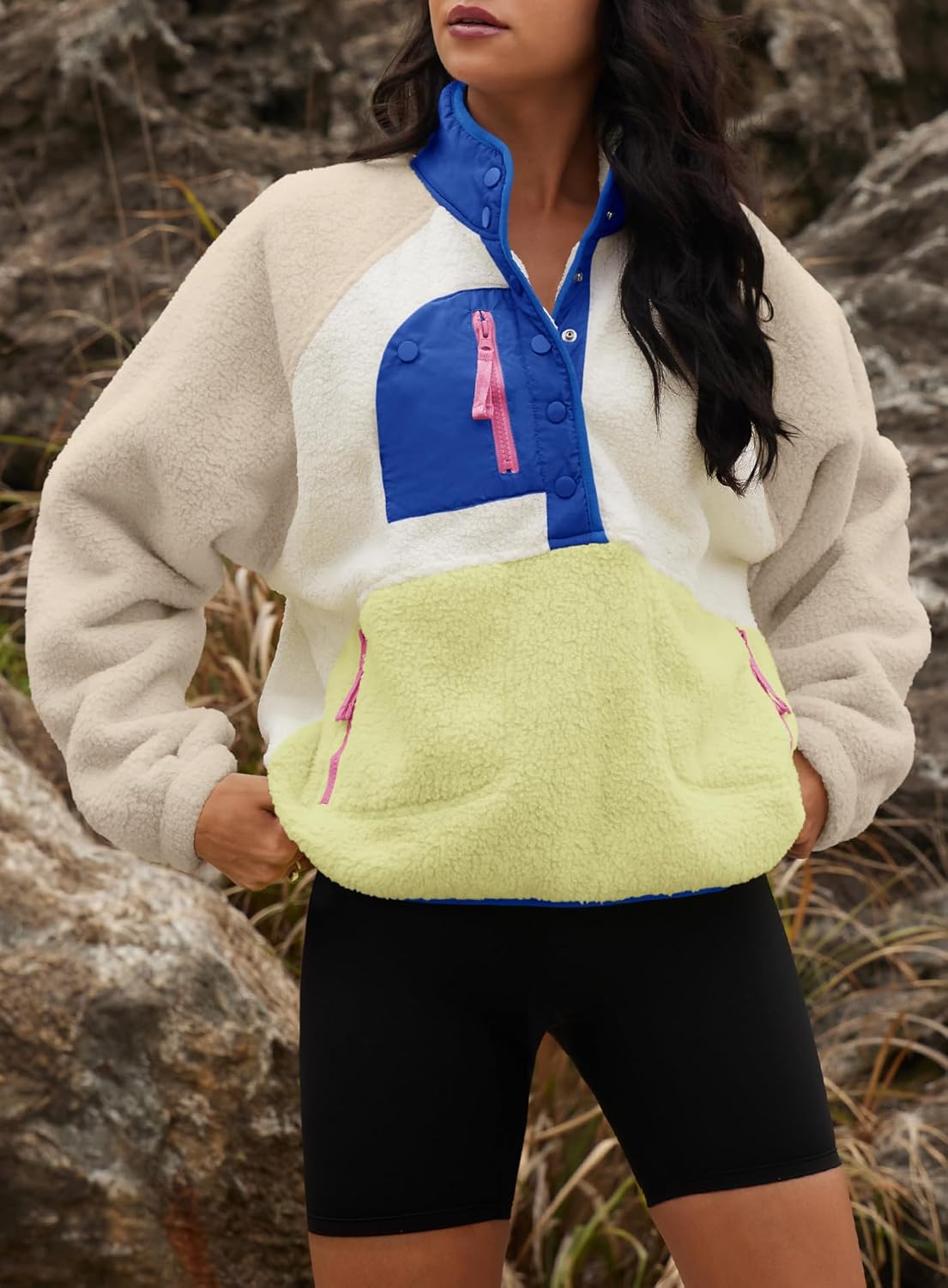 Yanekop Womens Fuzzy Fleece Pullover Sherpa Sweatshirt Long Sleeve Button Down Sweater Winter Fleece Jacket with Pockets - Image 5