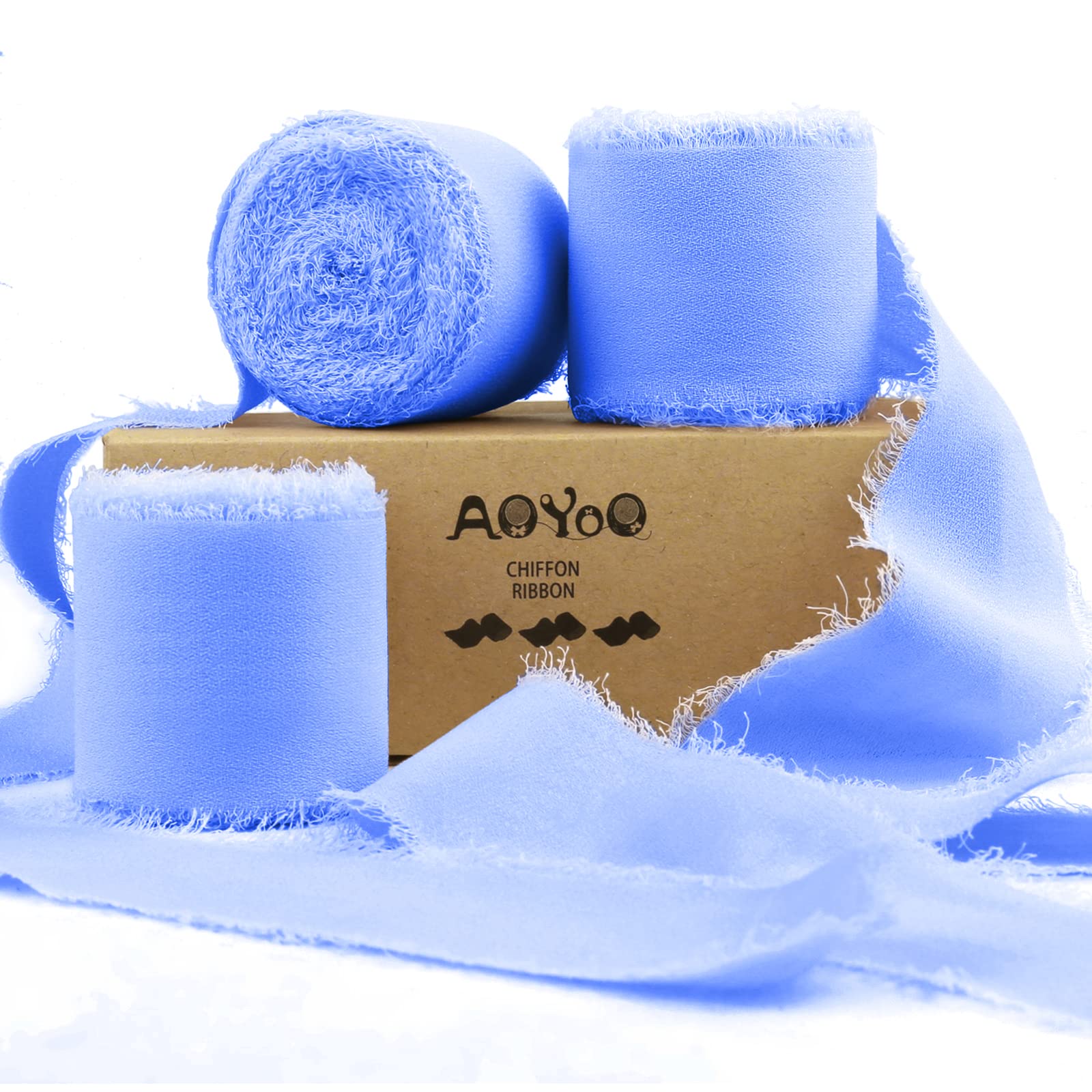 AOYOO3 Rolls Handmade Fringe Baby Blue Chiffon Silk Ribbon 1.5" x 7Yd Light Blue Ribbons Set Perfect for Wedding Invitations, Bridal Bouquets, Gifts Wrapping, DIY Crafts