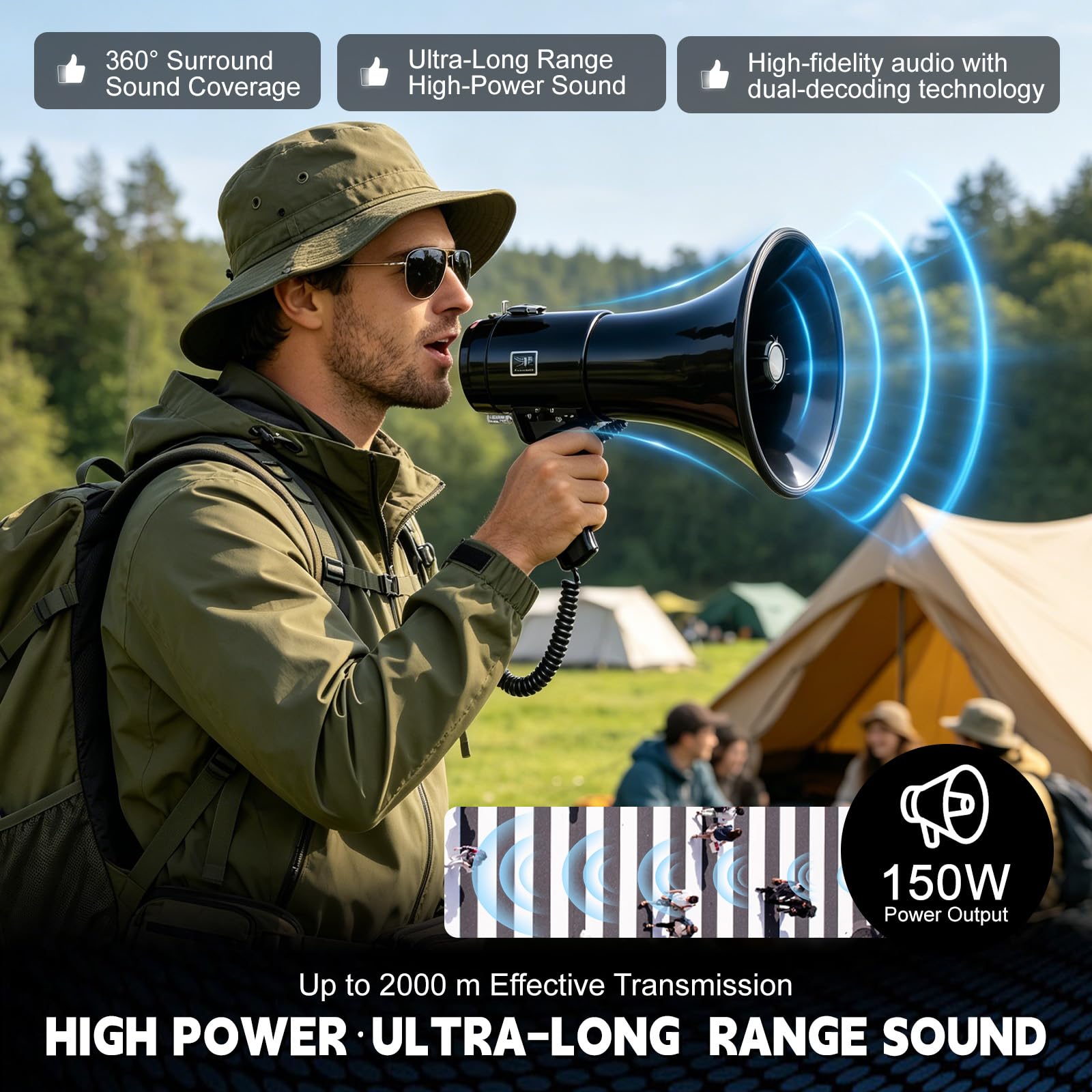 WingFly Megáfono 150W Bluetooth Grabación Alcance 2000m Altavoz Sirena Micrófono Externo USB