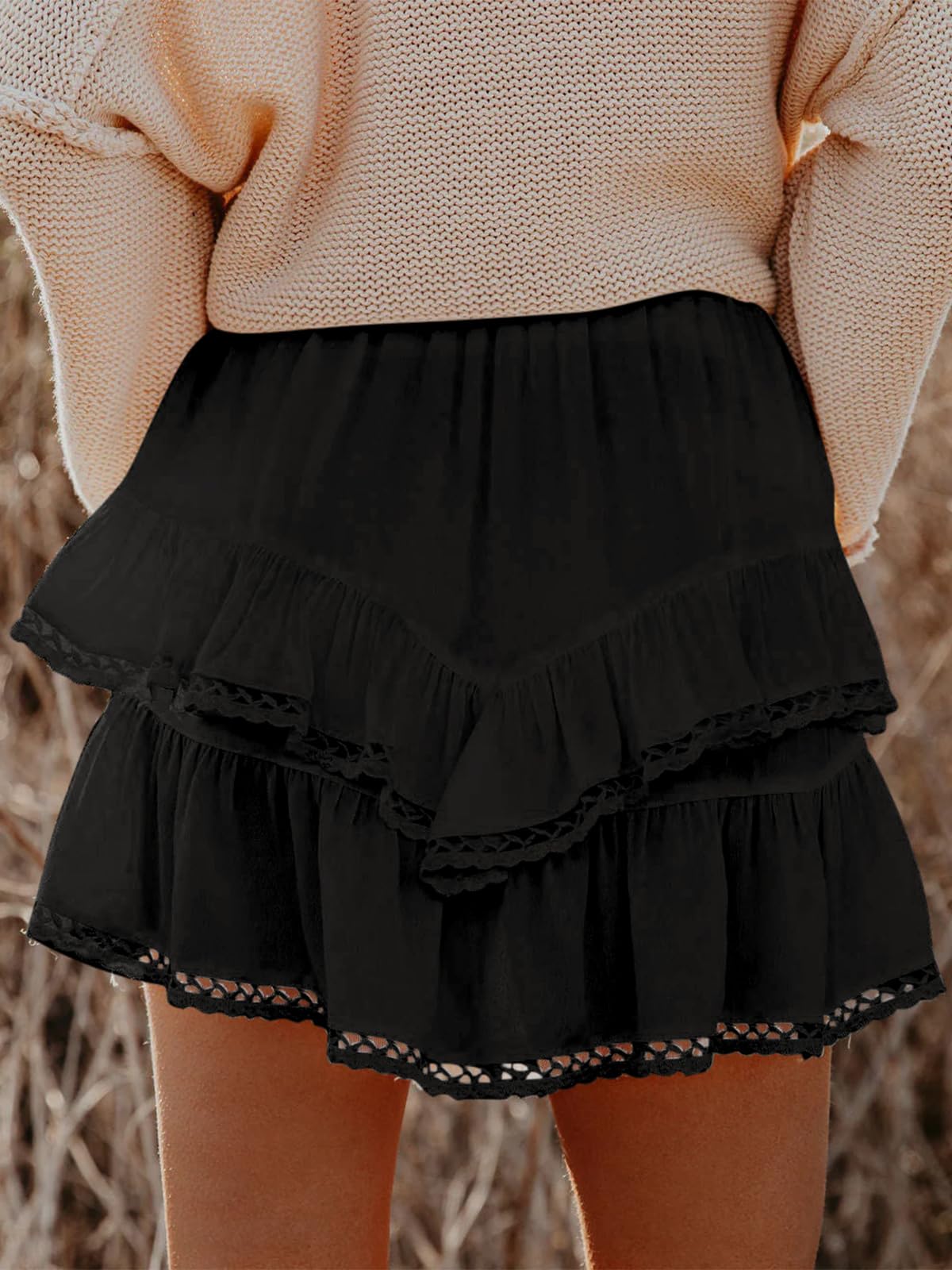 Aoudery Short Ample pour Femme, Style bohème, à Volants, Taille Haute, Mini Jupes, Golf, Tennis, Crochet