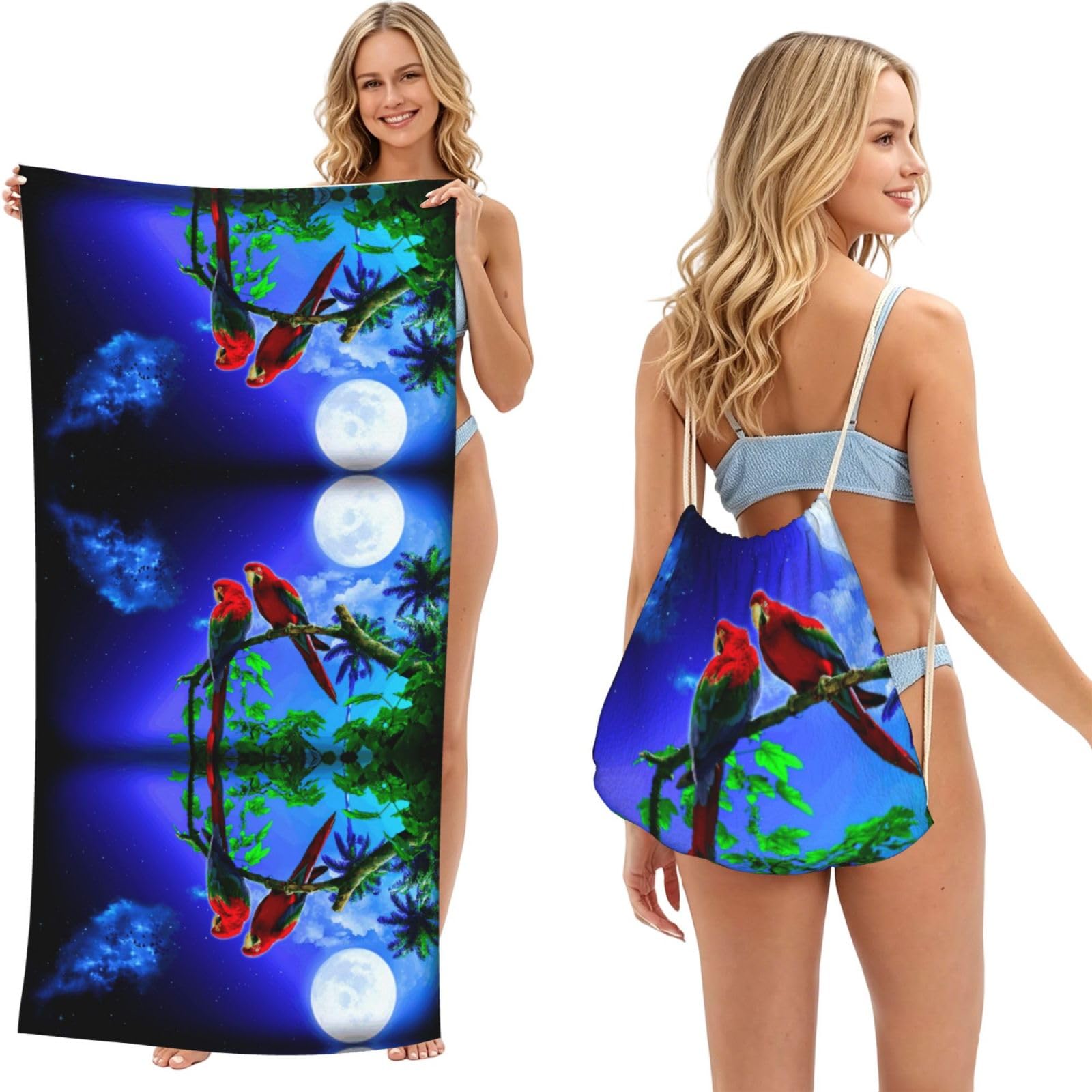 ESNAIUVCD Parrot Print Beach Towel For Adults,Towel With Drawstring Bag, Travel Pool Swimming Sports Shower Sand Free Quick Dry Bath Towel For Pool, Beach, Yoga- 180x60cm