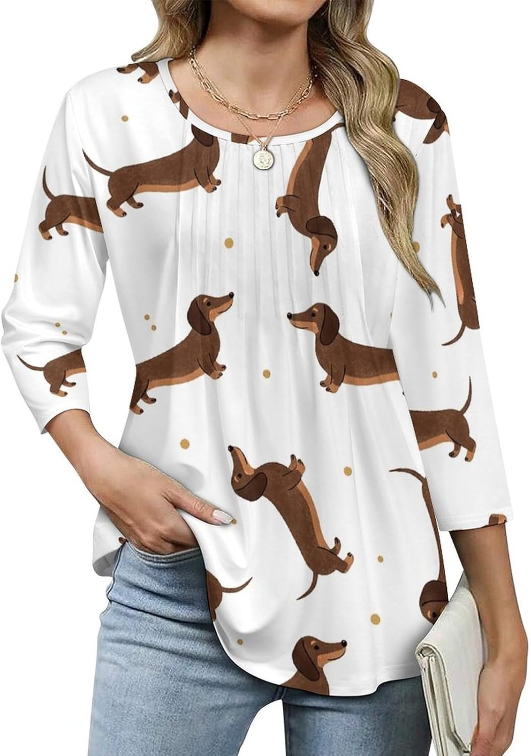Women's 3/4 Sleeve Tops Tunic Shirts Dressy Casual Crew Neck Loose Blouse
