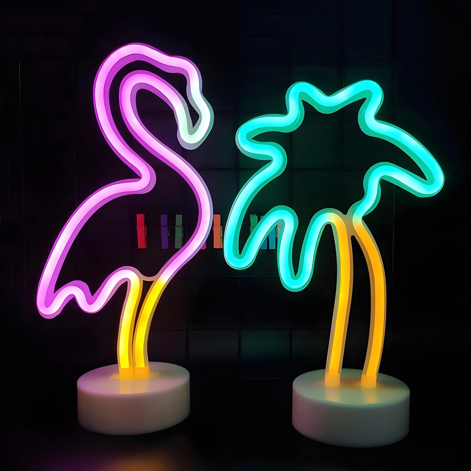 ENUOLI LED Flamingo and Coconut Palm Tree Neon Signs LED Battery/USB Powered Neon Light with Holder Base Decoration Neon Light for Bedroom Home Wedding Christmas Birthday Holiday Bar Party Decoration