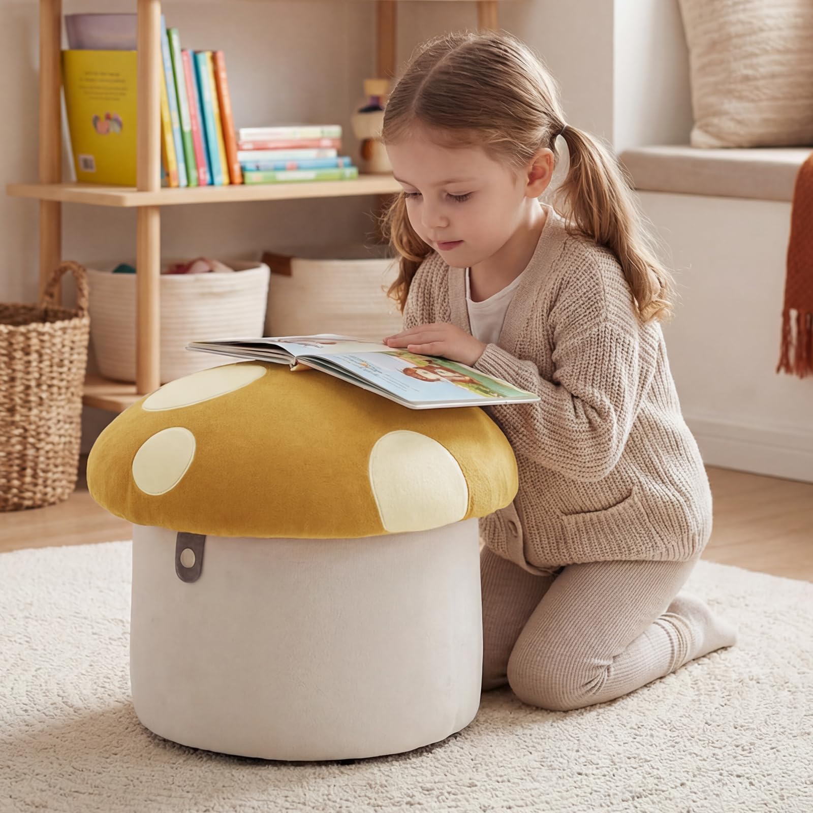 Ya-Home Otomano Bajo 41X33X33cm Taburete con Almacenamiento para Niños de Chenille, Amarillo