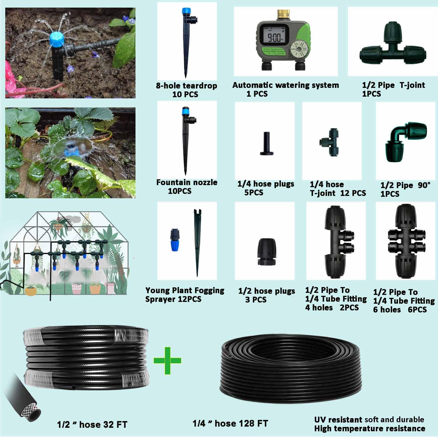 Tropfbewässerungssystem mit Wasser-Timer für Garten, Haupt-ID 1,27 cm, 9,27 m und 0,6 cm, 4,5 m Wasserschlauch, doppeltes Bewässerungssystem, ausreichender Wasserdruck, Bewässerungstropfer