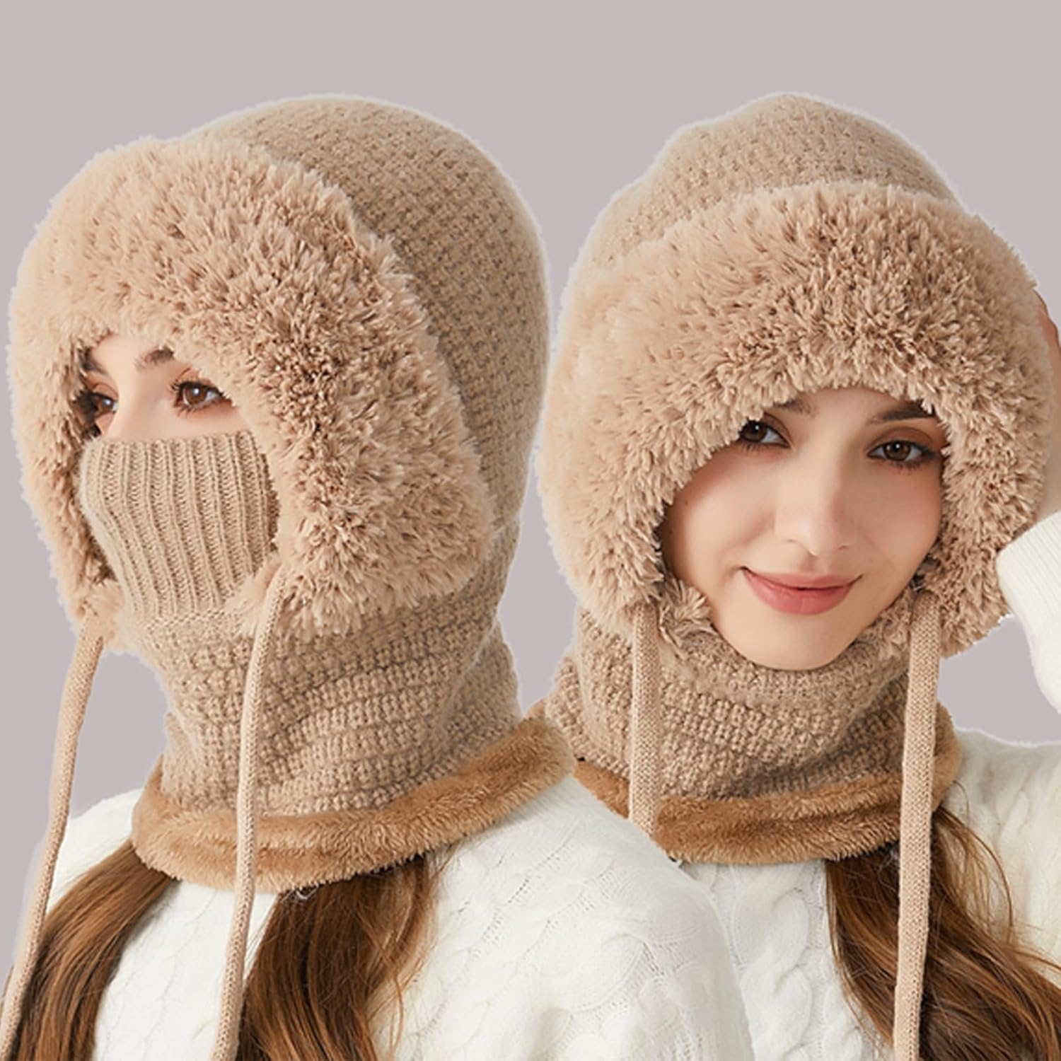 3 in 1 Beanie Hat with Scarf and Mask 3 in 1 Winter Hat for Women Balaclava Ski Mask - Image 2