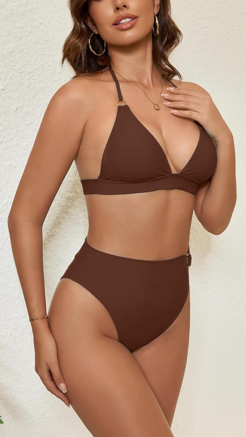 Bikini Sets for Women's Sexy V Neck O Ring Halter Triangle Swimsuits 2 Piece Cheeky High Waisted High Cut Bathing Suits