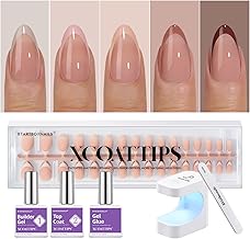 BTArtboxnails XCOATTIPS Press on Nails Short - Skin Tones Almond Nail Tips, Soft Gel Nail Tips with Nail Gel, French Protecting Duo, Nail Lamp, All in One Fake Nails French Tip Press on Nails Kit
