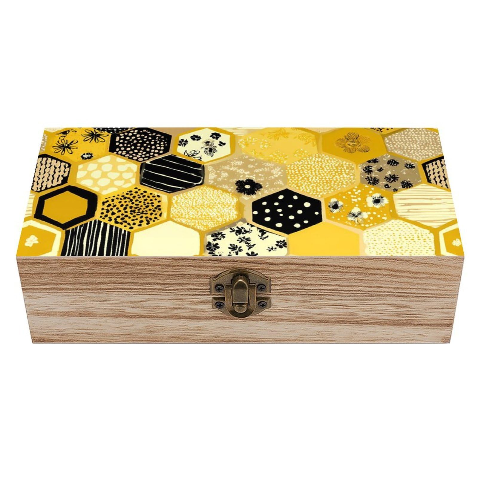 HLBSDM Honeycombs Floral Stripes Polka Dots Wooden Storage Box Craft Memory Keepsake Treasure Chest Box Jewelry Organizer