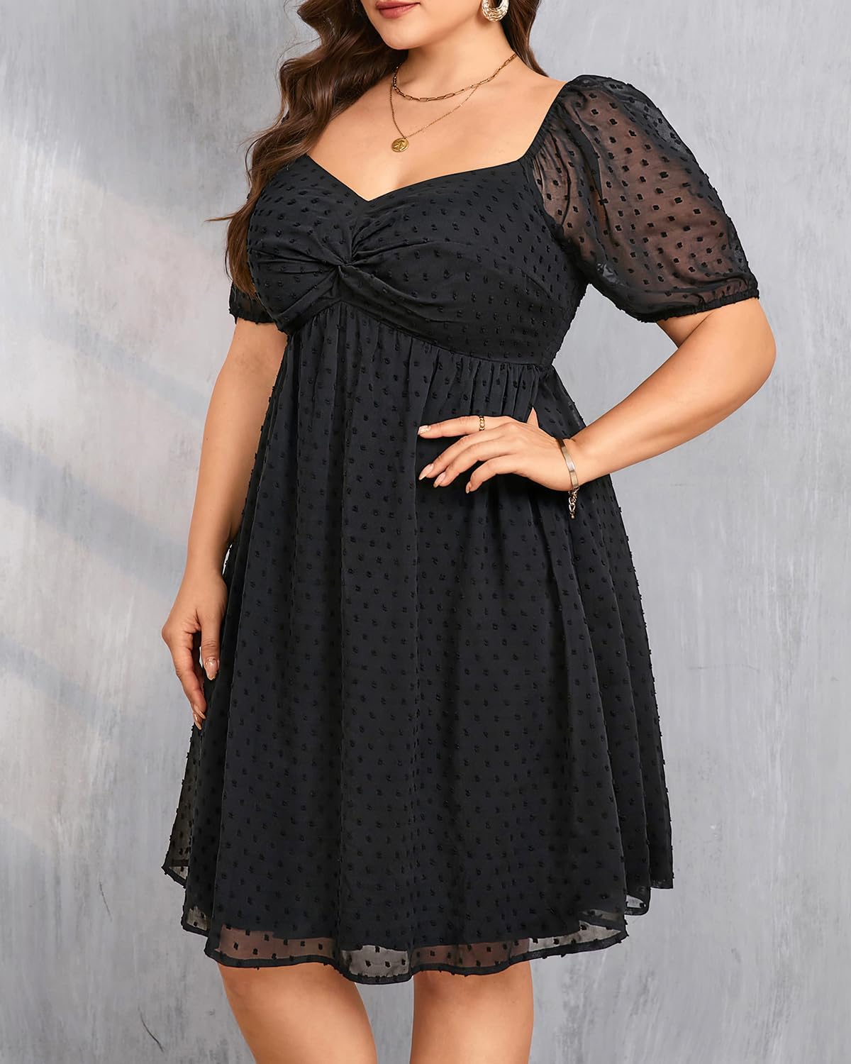 Plus Size Graduation Dress - Summer Swiss Dot Sweetheart Neckline Short Sundress Puff Sleeve Cute Flowy Chiffon Dresses - Image 2