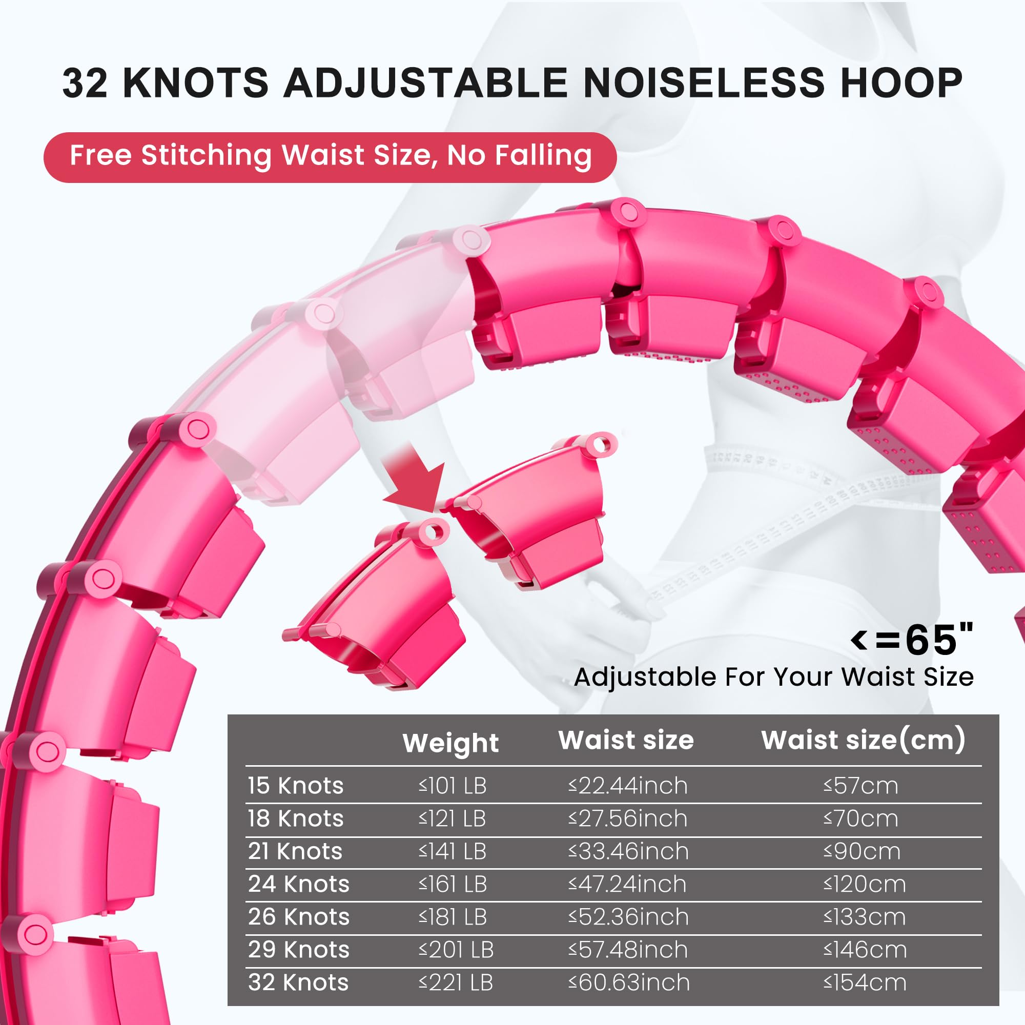 65 Zoll 32 Knoten Plus Size Leise Beschwerter Hula Infinity Fitness Abnehmbare Reifen Smart Noiseless Infinity Hula für Frauen 2 in 1 Taillen- und Bauchtrainingsgeräte zu Hause