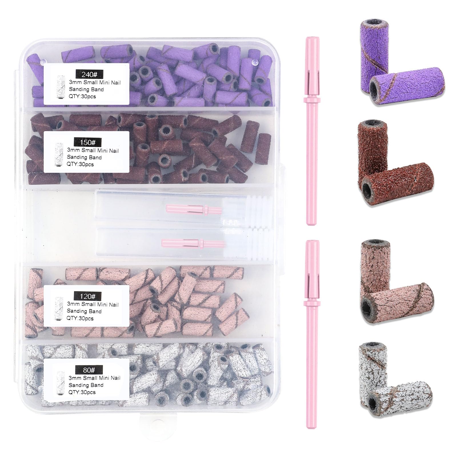 Small Sanding Bands for Nail Drill 3mm, 120pcs Mini Nail Sanding Files Small Bands with 2pcs Upgrade 3.1mm Mandrel Drill Bits, 80# 120# 150# 240# Grit Nail Sanding Bands for Manicures and Pedicure