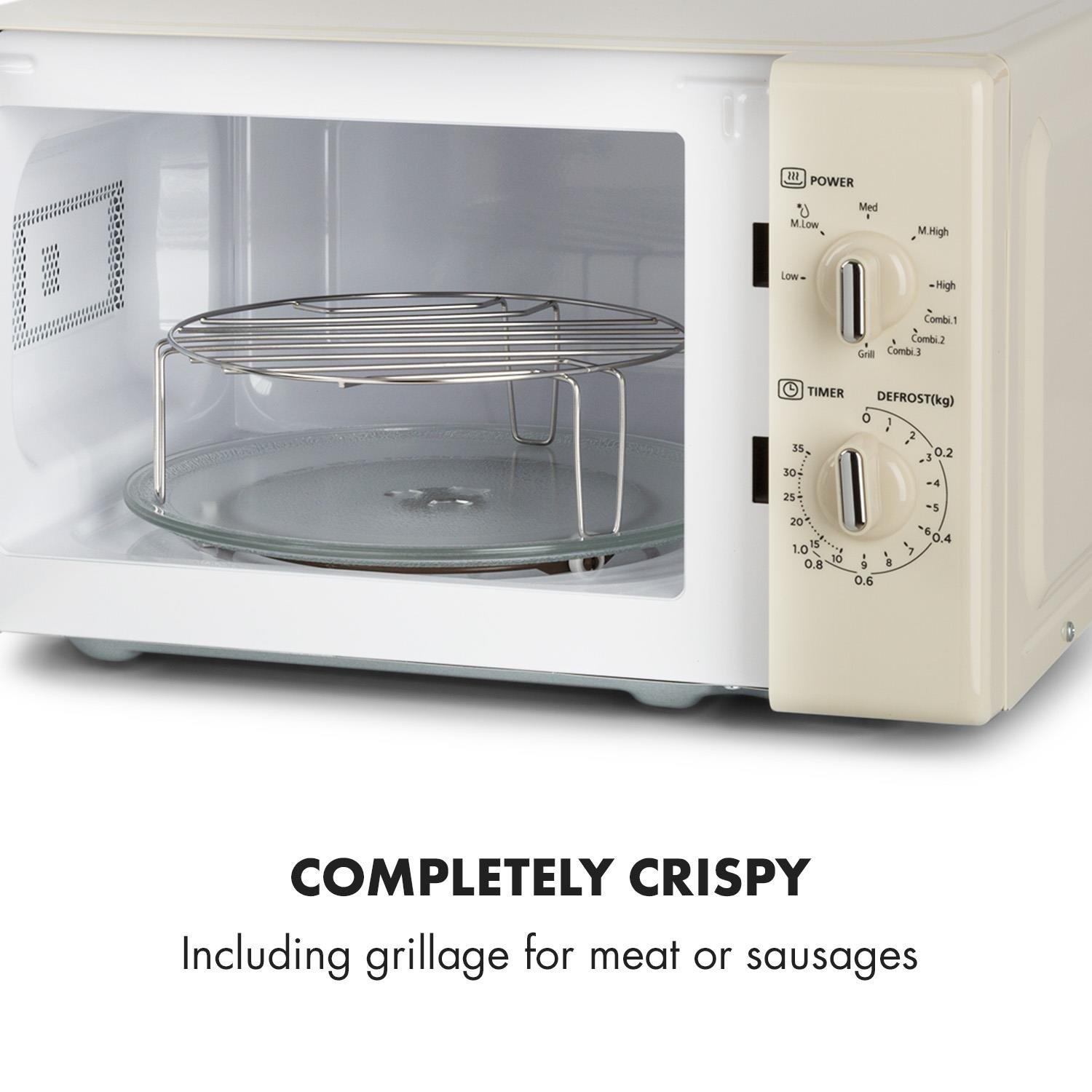 Klarstein Caroline Micro-ondes - Combiné Micro-ondes/Gril, Micro-ondes 2-en-1 fonction gril, 20L, 700/1000 W, QuickSelect, Design rétro, Inox, Crème