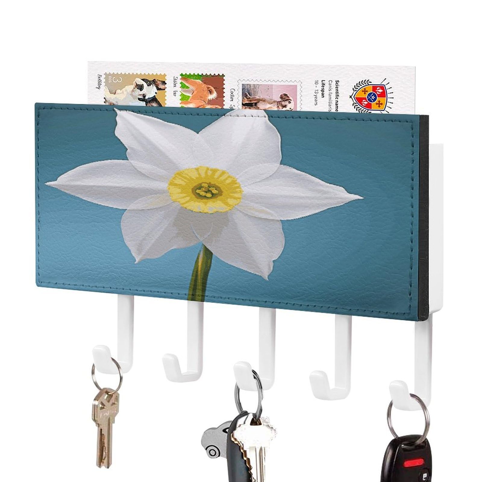 LDGSUPH White Daffodil Key Holder Wall Mount Key Hanger with 5 Hooks Fashion Key Organizer Rack Hanging Key Hooks with Mail Organizer Key Rack for Home Entryway Hallway White-Style