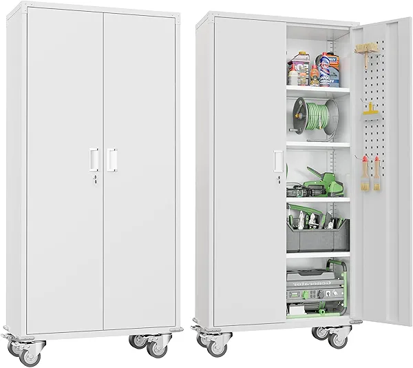 Greenvelly Metal Garage Cabinets with Wheels, 72" Rolling Storage Cabinet with Pegboards and Shelves, Tall Tool Cabinet with Locking Doors for Garage,Home Office,Warehouse(White)