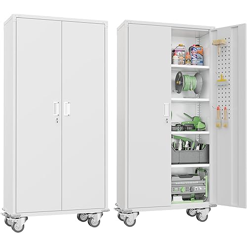 Greenvelly Metal Storage Cabinet with Wheels,72” White Garage Storage Cabinet with Pegboards and Wheels, Rolling Tool Cabinet with Locking Doors and Shelves for Home,Basement, Kitchen Pantry,Warehouse