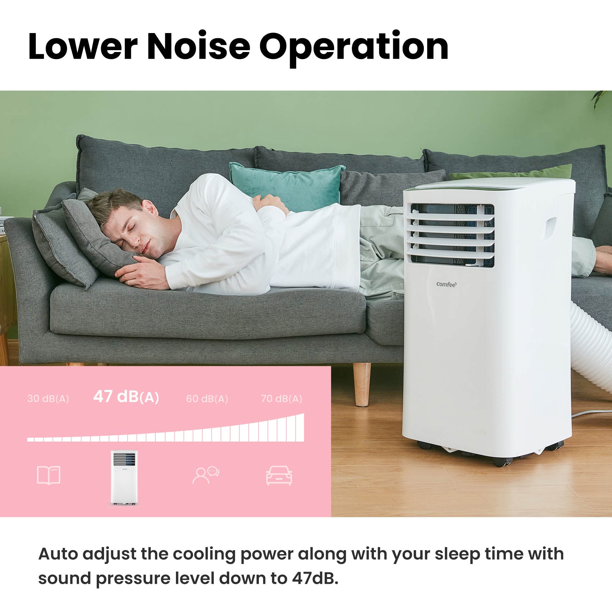 Comfee Climatiseur Mobile Portable 9000 BTU/h 2,6kW, 3-EN-1 Refroidisseur Déshumidificateur Ventilateur, Follow me, Minuterie, Mode nuit, Pour salon et maison de 33㎡/88m³, MPPH-09CRN7, EEK A, R290