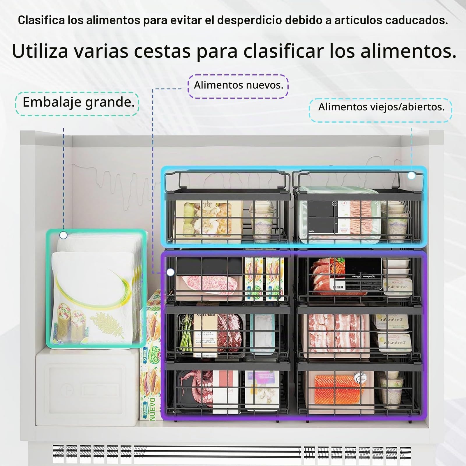 2 cestas de congelador expandibles, cestas apilables para congeladores 140L-570L, congeladores organizador con asas de clasificación fácil y obtener alimentos congelados, permitir la circulación del