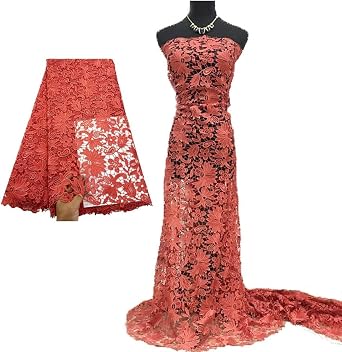 African Lace Fabric 5 Yards Che009 Beading Rhinestones for Dress Coral
