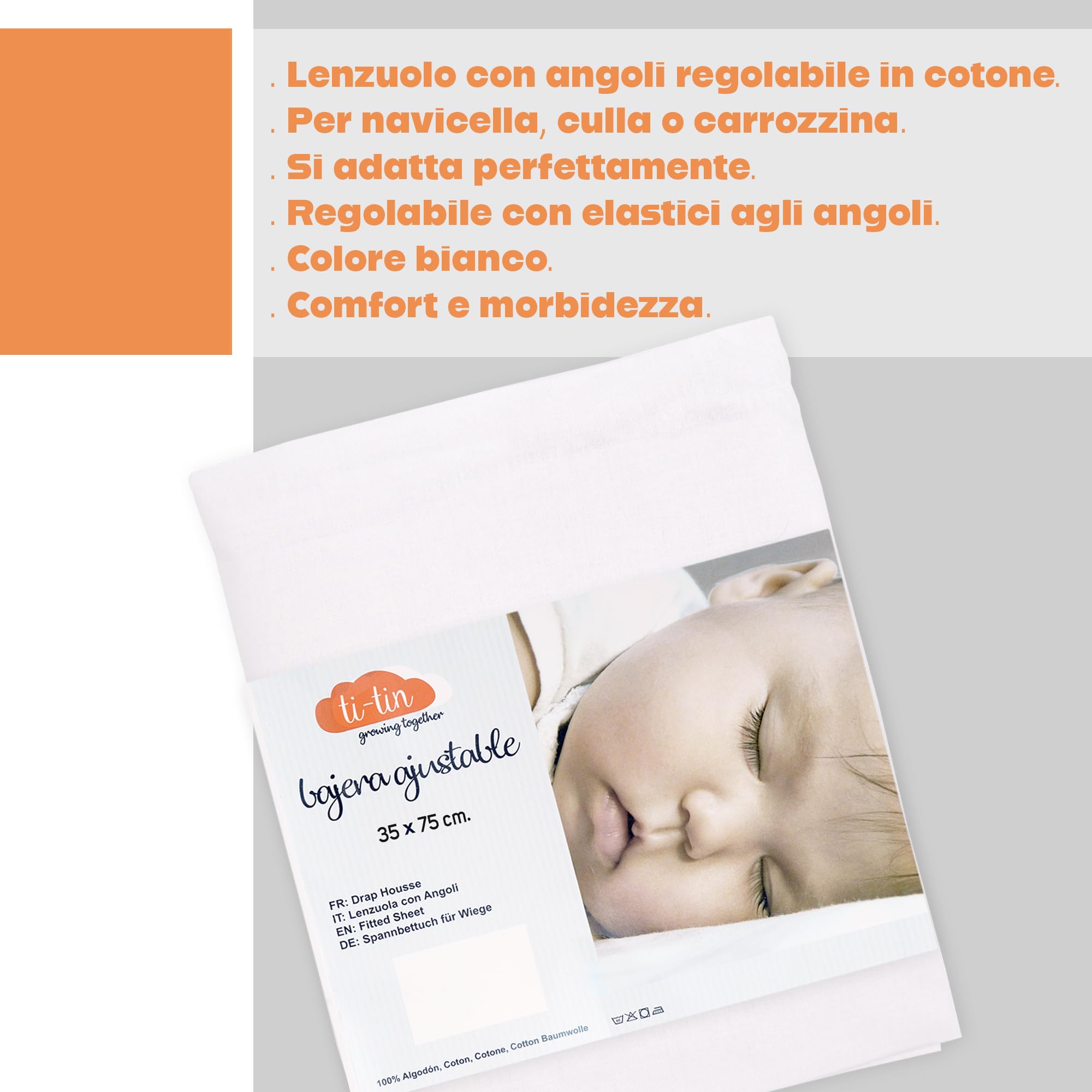 Ti TIN Confezione Da 2 Lenzuola con Angoli Per Navicella o Seggiolino Auto 100% Cotone | Set Di 2 Lenzuola Regolabili con Elastici, 35x75cm, 2 Lenzuola Bianche