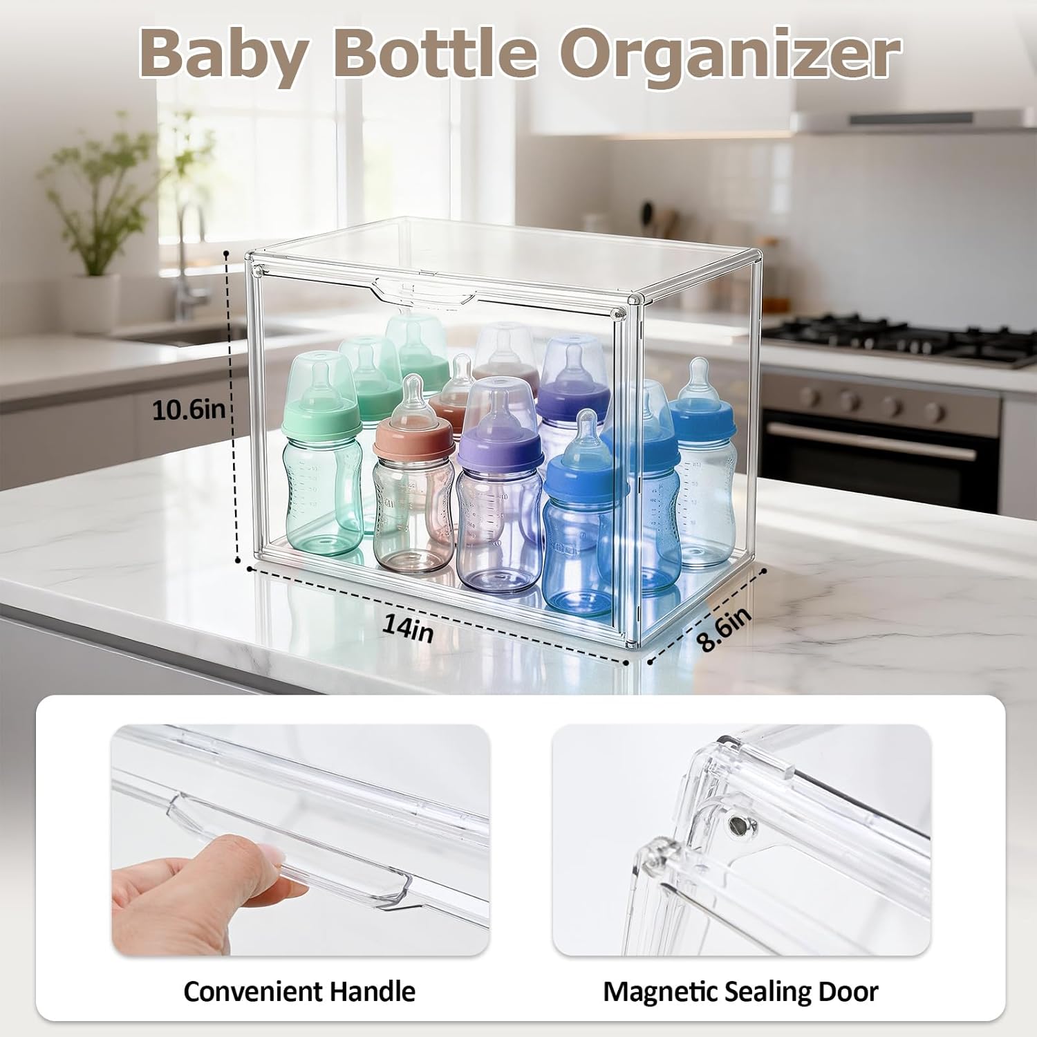 Baby Bottle Organizer with Magnetic Door for Cabinet – Stackable Clear Organizer Nursery Storage Bin for Baby Bottles, Pacifiers, Pump Parts