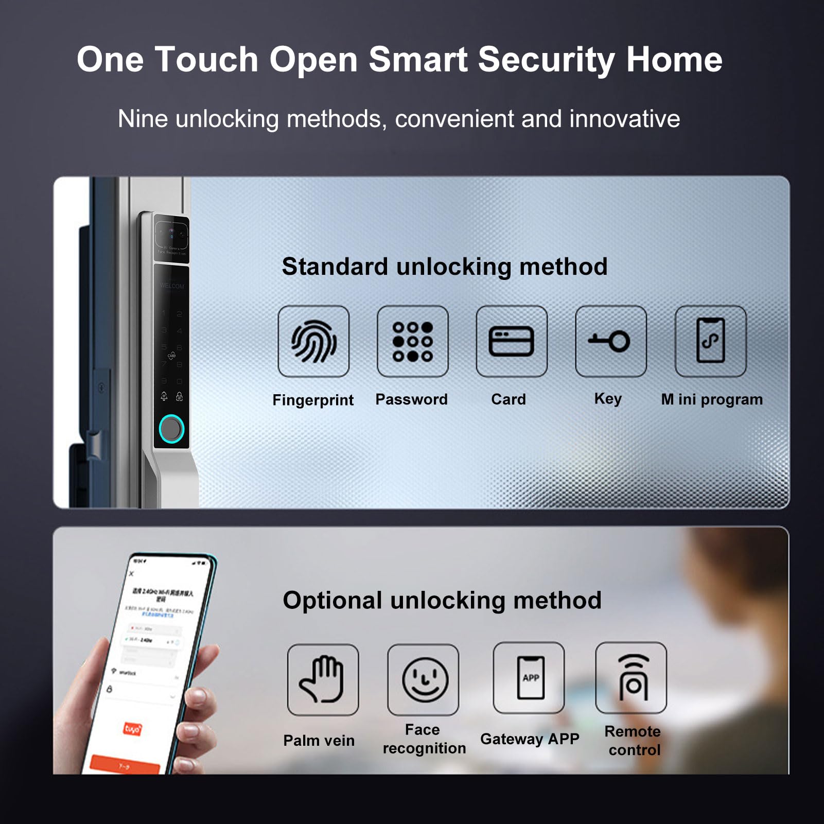Smart Lock 2.4Ghz Wifi Senza Chiave di Ingresso Gestione Porte in Alluminio Applicazione Ty Ty per la Camera da Letto Ufficio Spessore 40-120 Mm (Argento)
