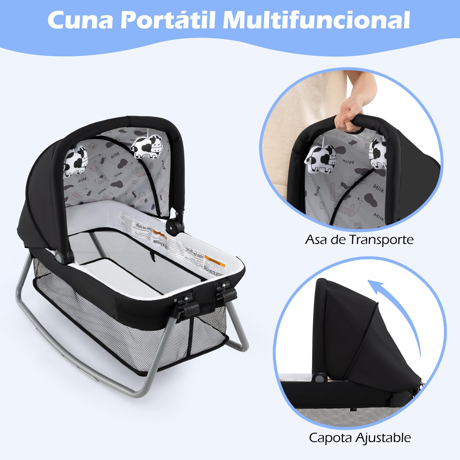 GOPLUS Cuna de Bebé Plegable 4 en 1, Cuna con Ruedas, Colchón, Bolsa de Transporte, Juguetes Colgantes, Cama Infantil de 2 Niveles con Moisés, Cambiador, para Viajes Vacaciones, Carga 15 kg (Beige)