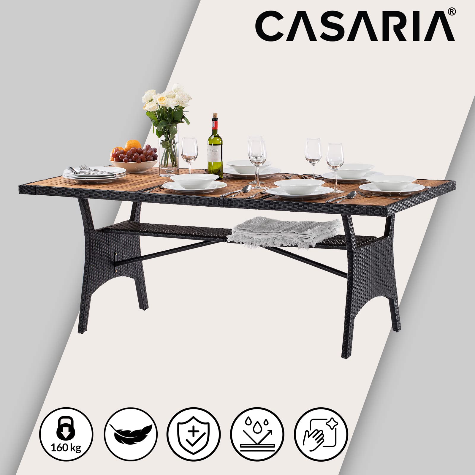 Casaria Tavolo da Giardino in Polyrattan Ripiano in Legno di Acacia 190x90x74cm Regolabile in Altezza per Esterno Pranzo Terrazza