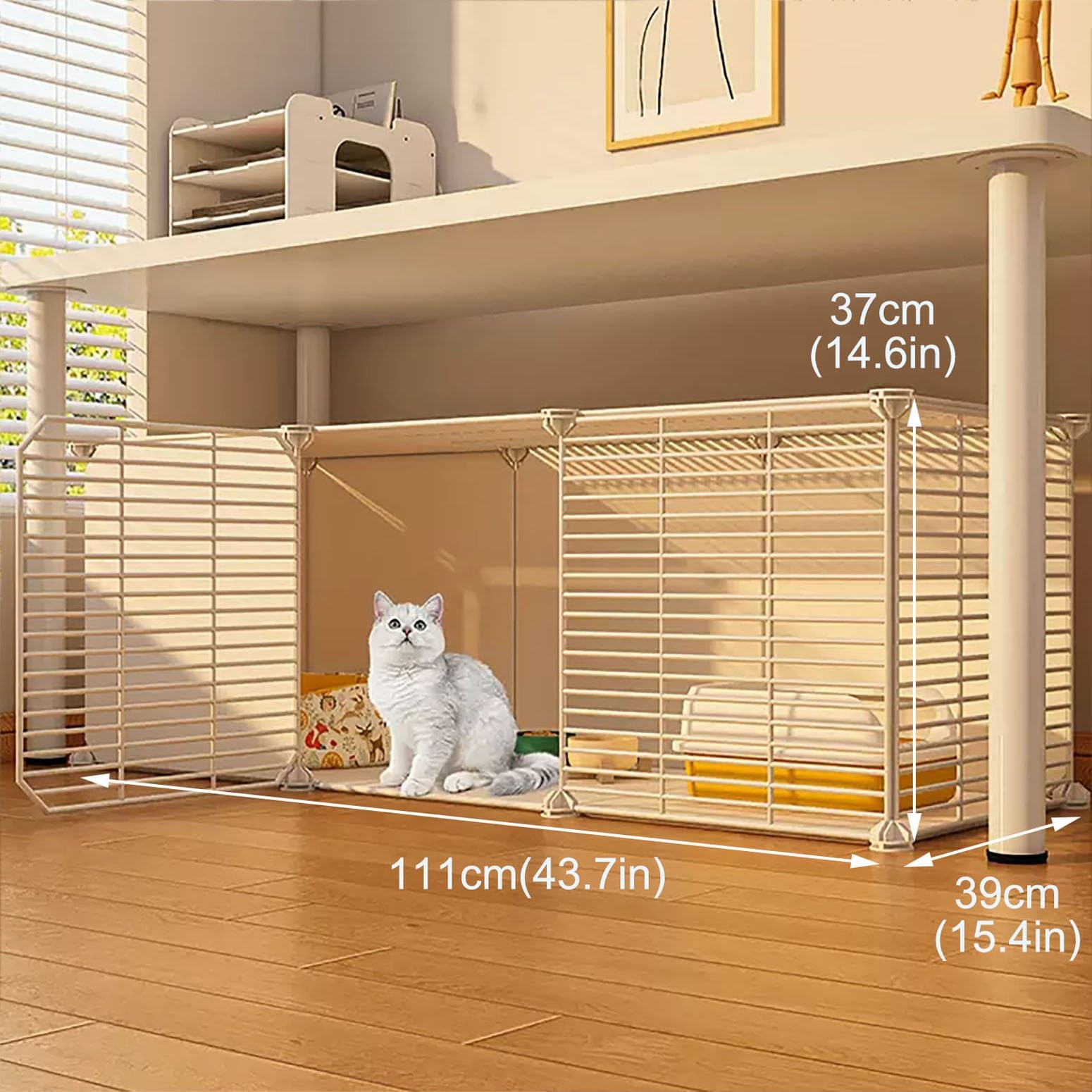Cage pour Chats Intérieurs avec Bac à Litière, Enclos Chat Balcon Grille de Raffinement DIY, 111x39x37cm