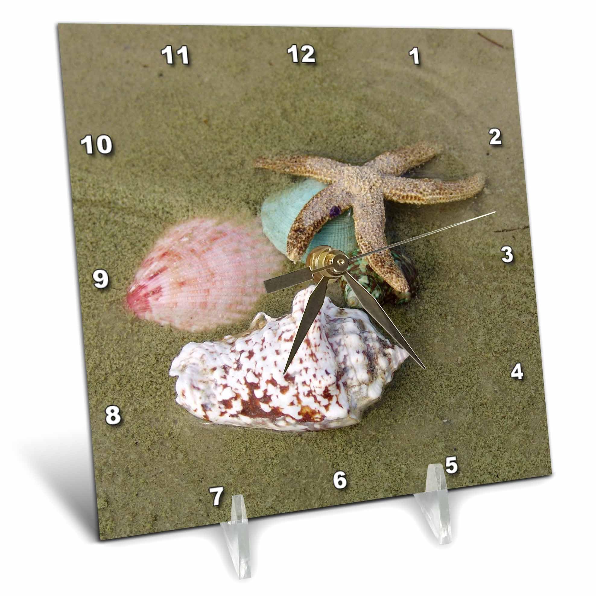 3dRose dc_7999_1 Desk Clock, Star Fish n Sea Shells, 6 by 6-Inch