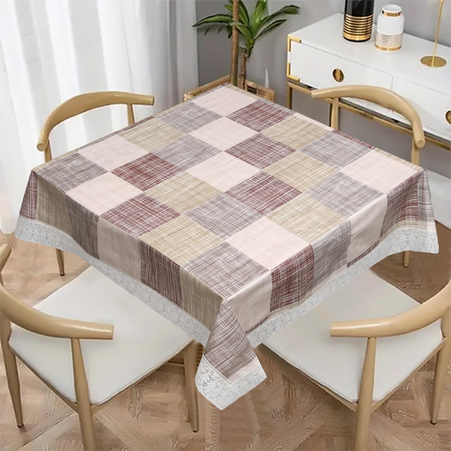 Dakshya Industries PVC Waterproof Square Table Cover 48x48 Inch for 4 Seater Dining Table | Floral Printed Oilproof Stain Resistant Washable Plastic Table Cover, Check-image-20