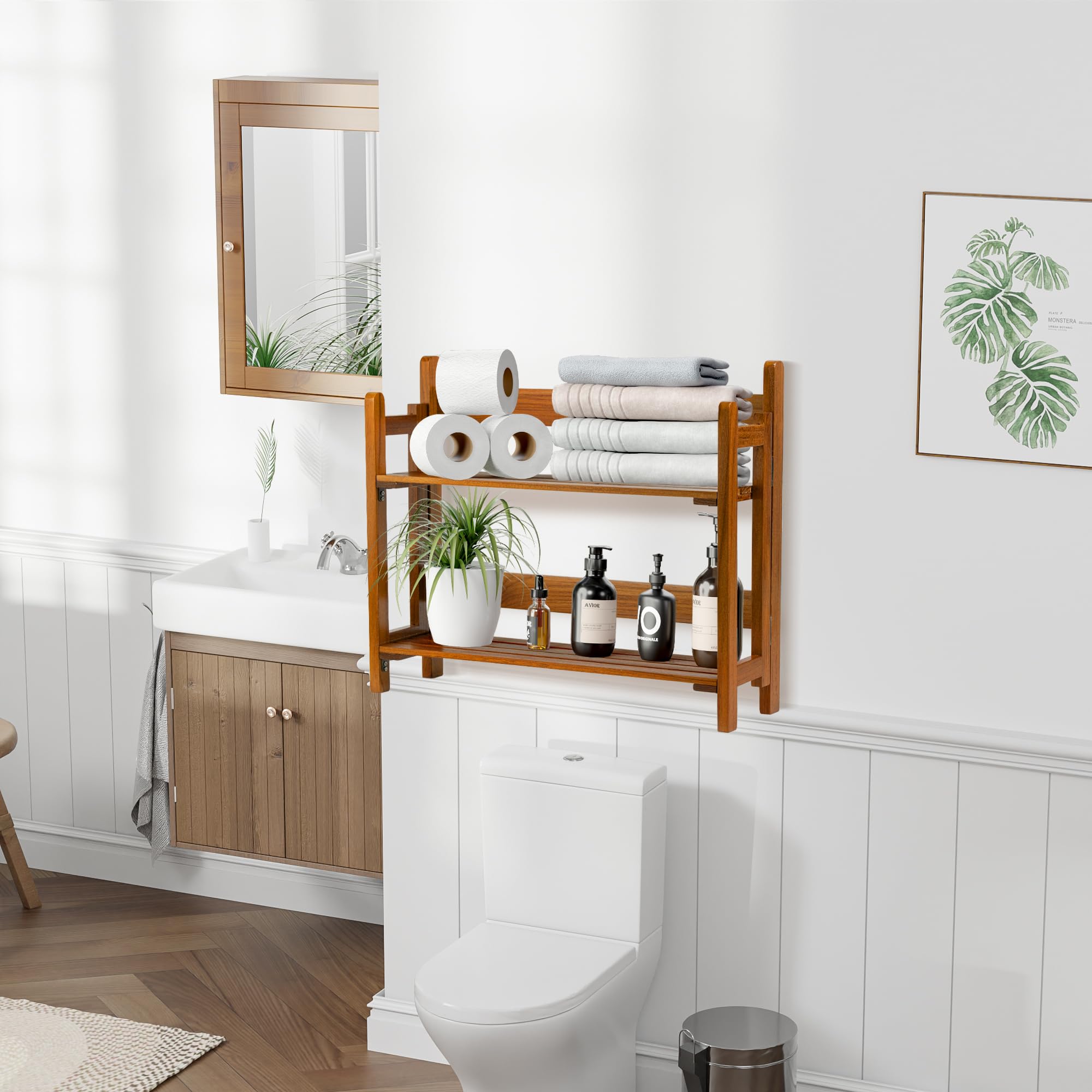 VaeFae Teak Wood Bathroom Shelf,Foldable Wall Mounted Shelf, Shelves Set of 2 for Bathroom,Living Room,Kitchen,Office - Image 2