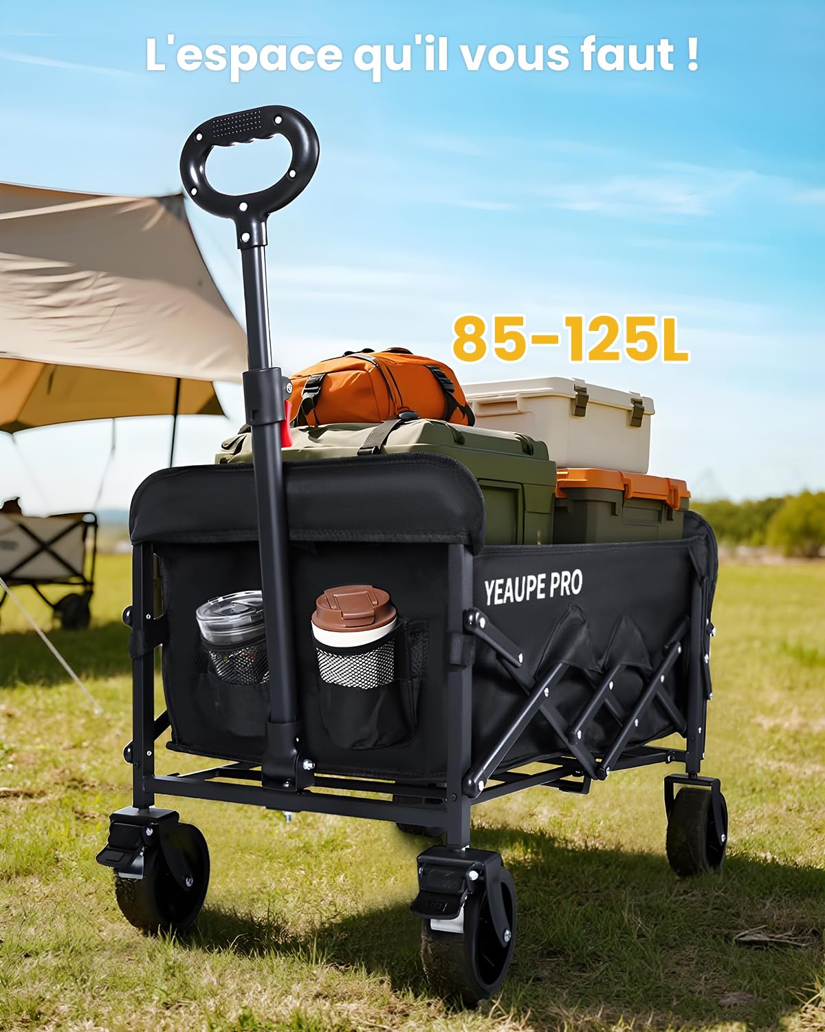 YEAUPE PRO Chariot de Plage Pliable Capacité Max. 125L 100KG, Chariot de Transport à roulettes Tout Terrain Poignée Réglable Charrette pour Extérieur Camping Pique, avec Poche intérieure