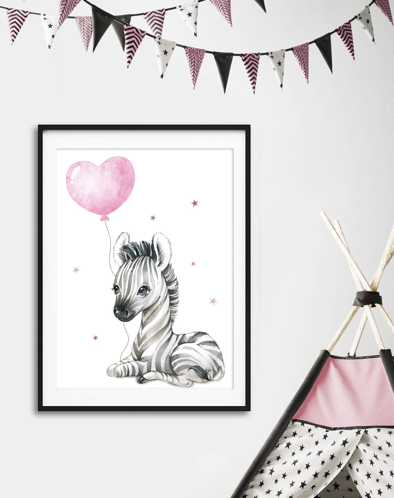 Artpin® P64 Posters décoratifs pour chambre d'enfant (fille) - Motif Animaux de la jungle + Ballon gonflable - Gris/Rose