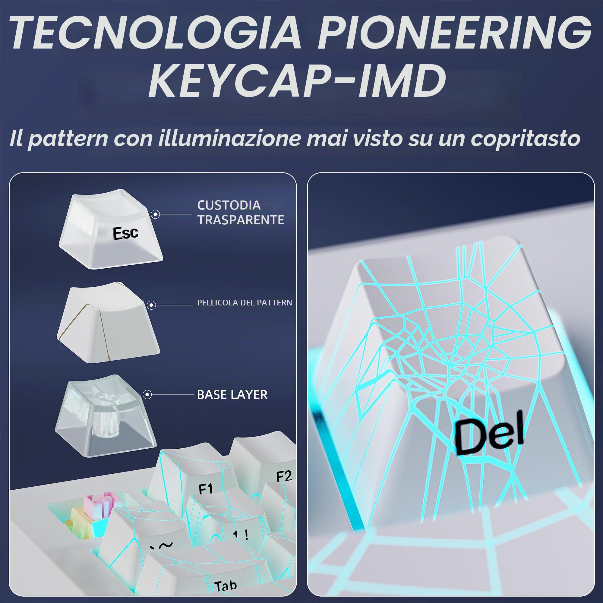 ZORNHER Tastiera meccanica da gioco wireless ZH870, tastiera da gioco bianca all'80% con keycap PC IMD a ragnatela bianca, interruttori lineari dal suono cremoso, sostituibile a caldo