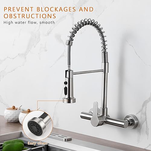 Miniatura 8 de LIWEIKE Grifos de cocina de montaje en pared, grifo de cocina de montaje en pared de níquel cepillado con pulverizador, grifo de cocina de pared de