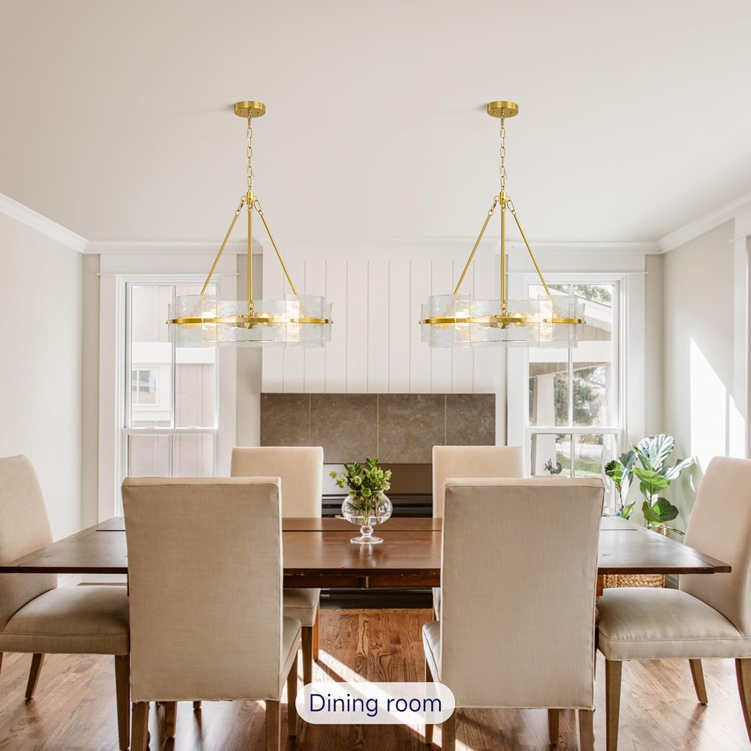 Modern Glass Chandeliers for Dining Room: 22" Drum Kitchen Chandelier Over Table - Mid Century Brushed Gold Hanging Light Fixtures - Luxury Water Ripple Crystal Fixture for Living Room Foyer Bedroom