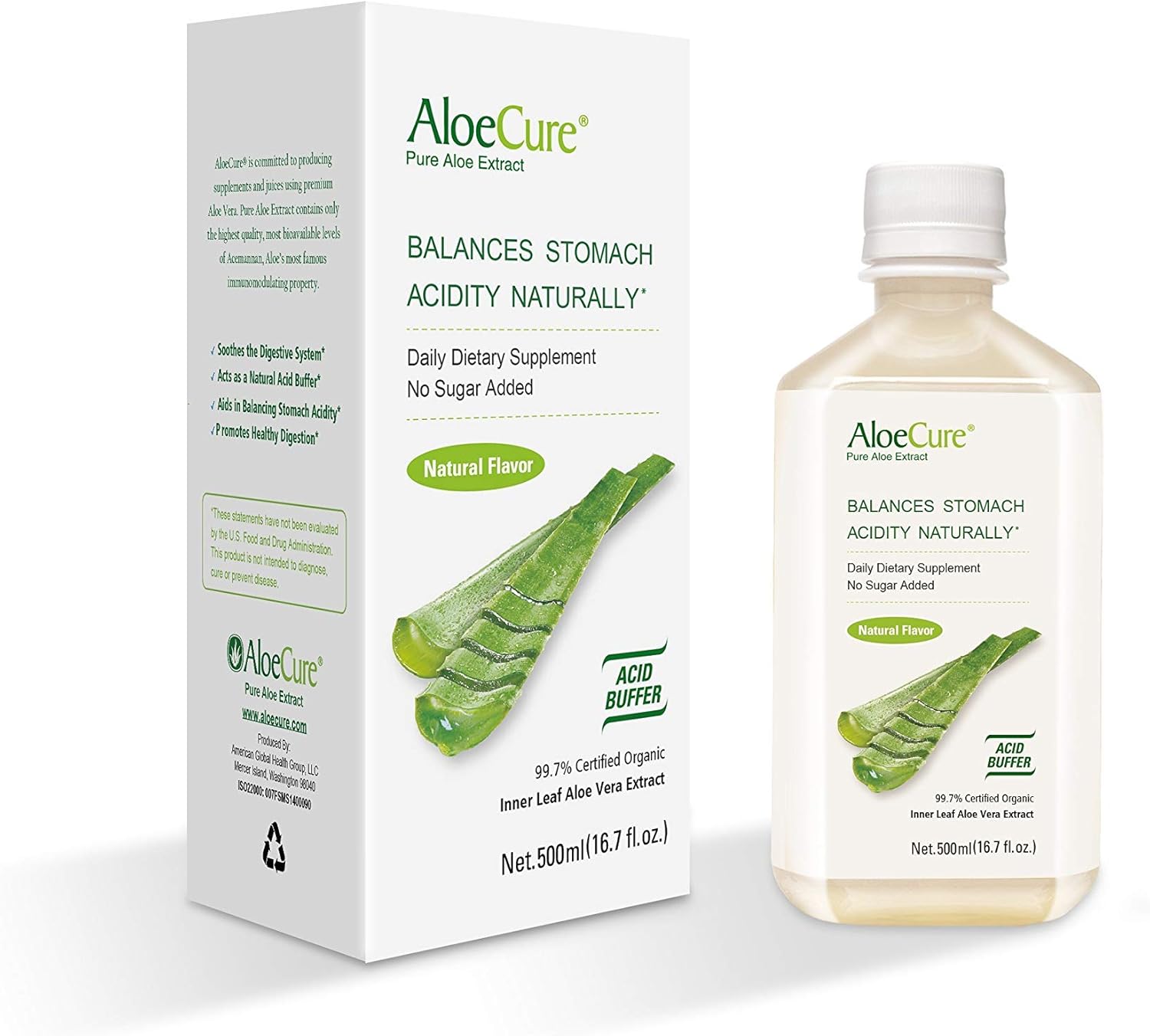 AloeCure Pure Aloe Vera Juice USDA Certified Organic, Natural Flavor Acid Buffer, 500ml Bottle, Processed Within 12 Hours of Harvest to Maximize Nutrients, No Charcoal Filtering-Inner Leaf : Health & Household