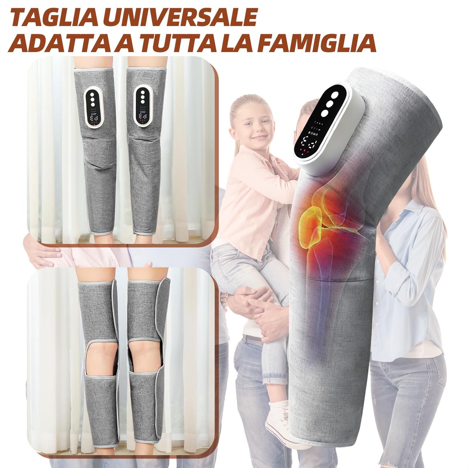 Massaggiatore elettrico portatile senza fili per gambe e piedi con funzione di calore e pressione dell'aria, tre modalità regolabili e tre intensità per calore, massaggio impastatore e relax. Grigio