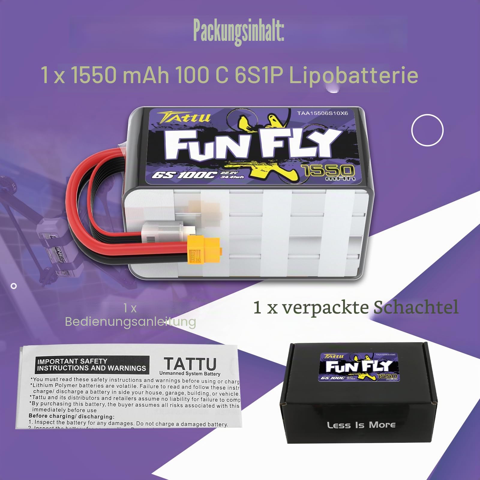 Tattu 6S lipo 1550mAh 22.2V 100C Funfly Lipo akku mit XT60 Stecker für UAV Drone FPV Quadcopters