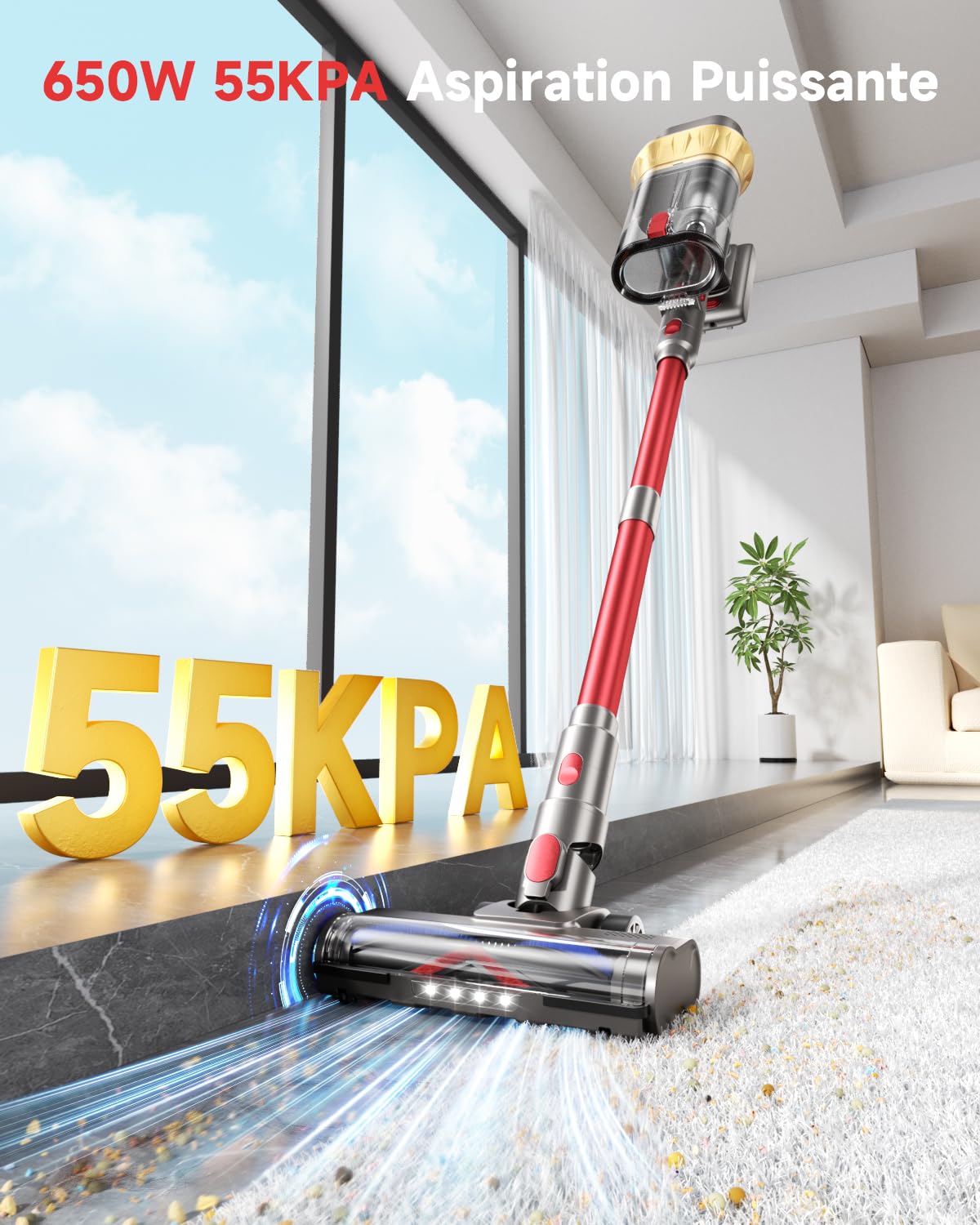 55KPA/650W Aspirateur Balai sans Fil, 75 Minutes Autonomie Aspirateur sans Fil Puissant avec Recharge Murale Écran Intelligent, aspirateur Balai Puissant pour Les Poils d'animaux/Tapis/Sols Durs