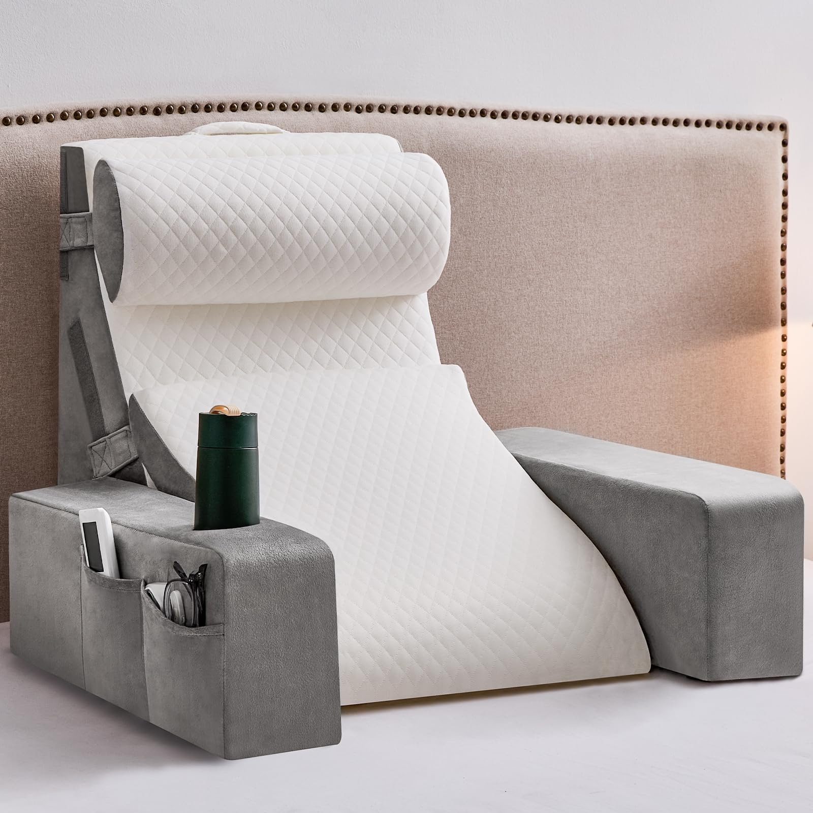 Lesekissen für Bett und Sofa,Bücherkissen mit Abnehmbarer Nackenrolle & Armlehne,Rückenkissen Bett, Wandkissen Multifunktions-Keilkissen zum Lesen, Arbeiten