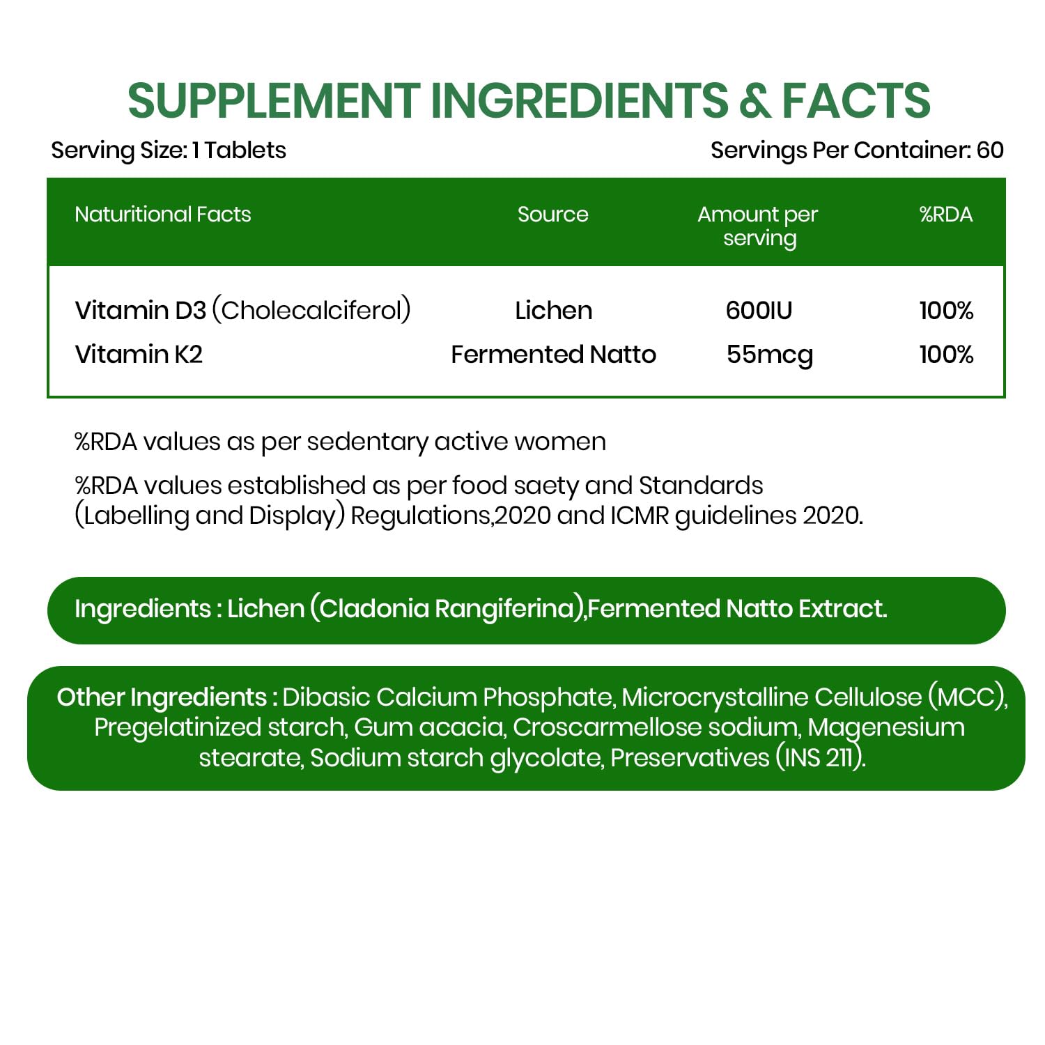 Vlado's Himalayan Organics Vitamin D3 K2 Tablets 600 IU with K2 MK7 55 mcg | Lichen Source Plant Based Vitamin D3 Supplement | Supports Bone Health, Calcium Absorption, Heart Health & Immunity | 60 Veg Tablets — Amazon image 2
