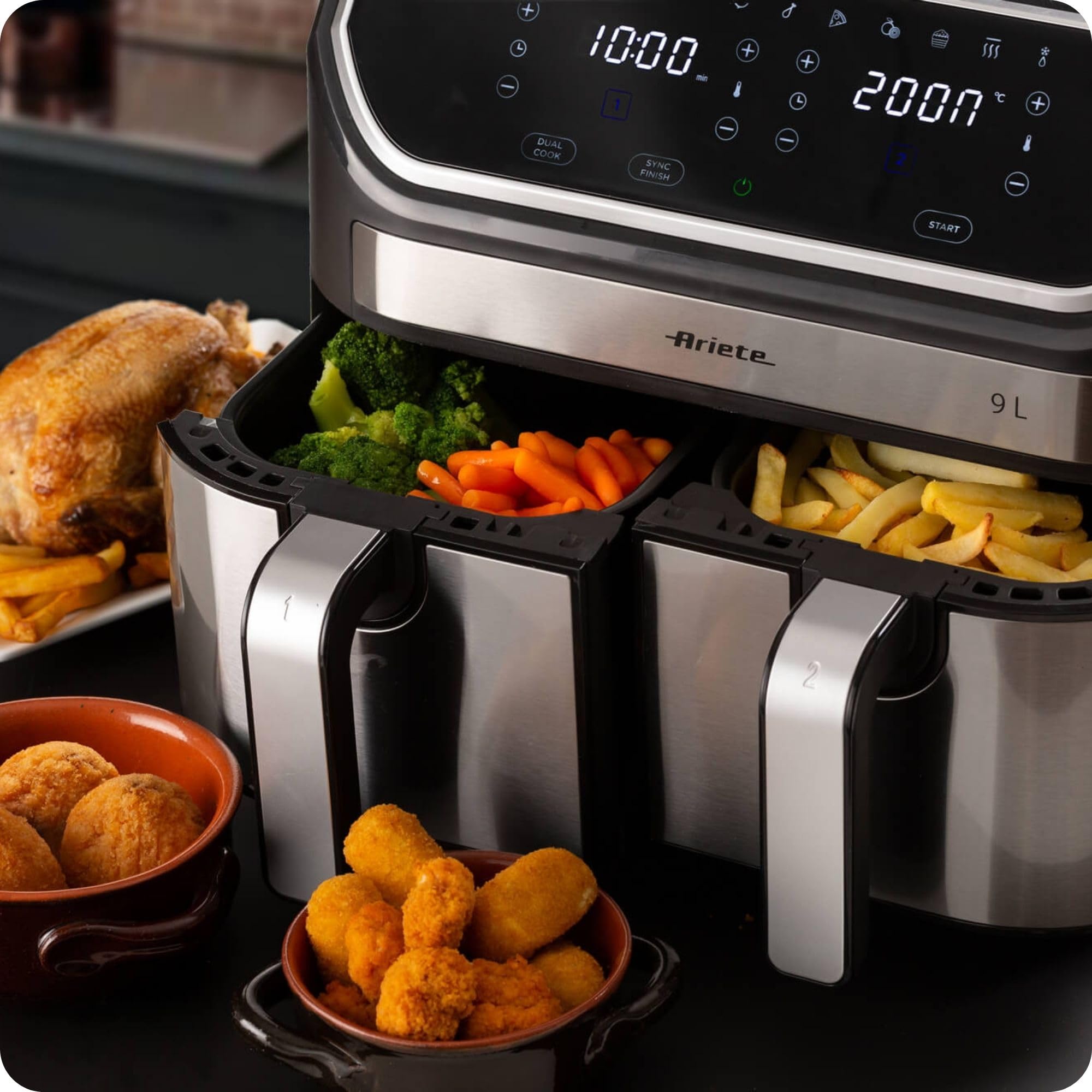 Ariete 4625 Friggitrice ad aria 9L, 2100W, Capacità 9L, Doppio cestello, Capacità di cottura 3,6kg, 11 programmi preimpostati, Funzione Max Crisp, Temperatura fino a 200°C, Antiaderente, Silver