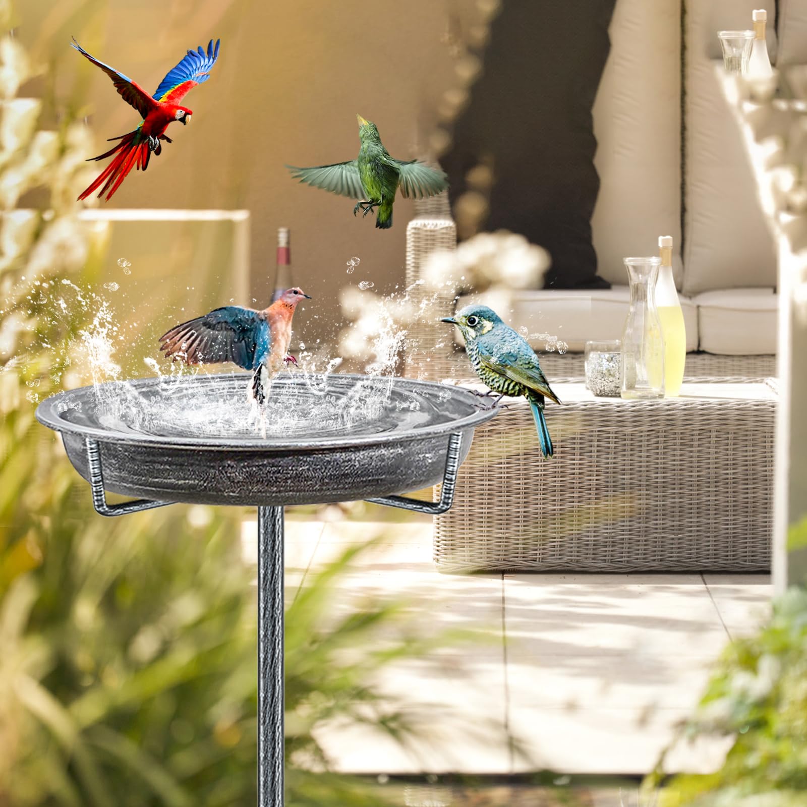 Abbeveratoio per Uccelli, Mangiatoia per Uccelli Selvatici, 92 x 27.5 cm, in Metallo, Decorazione da Giardino per aiuole o balconi (Argento retrò)