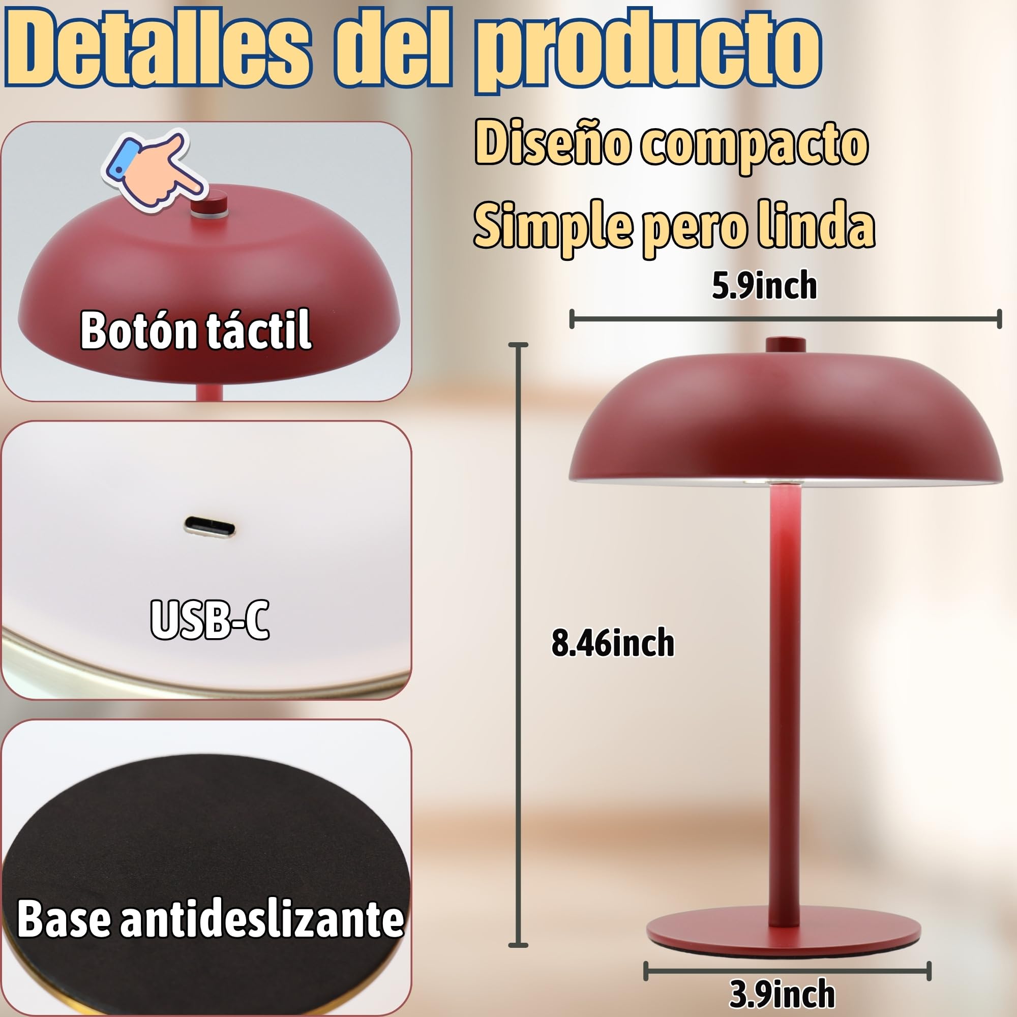 Lampada da tavolo a fungo a LED, batteria 5200 mAh, dimmerabile, 3 colori
