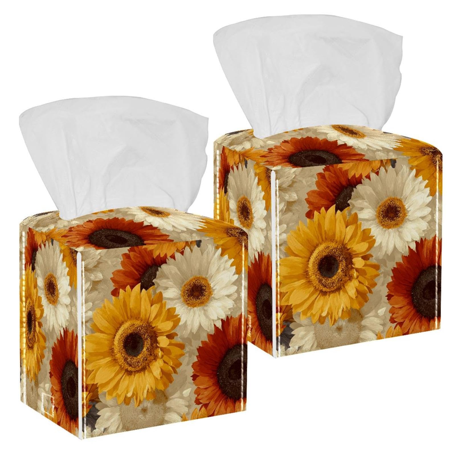 Sunflowers Tissue Box Cover, 2 Pack PU Leather Square Facial Tissue Dispenser Box holder for Home Office Car